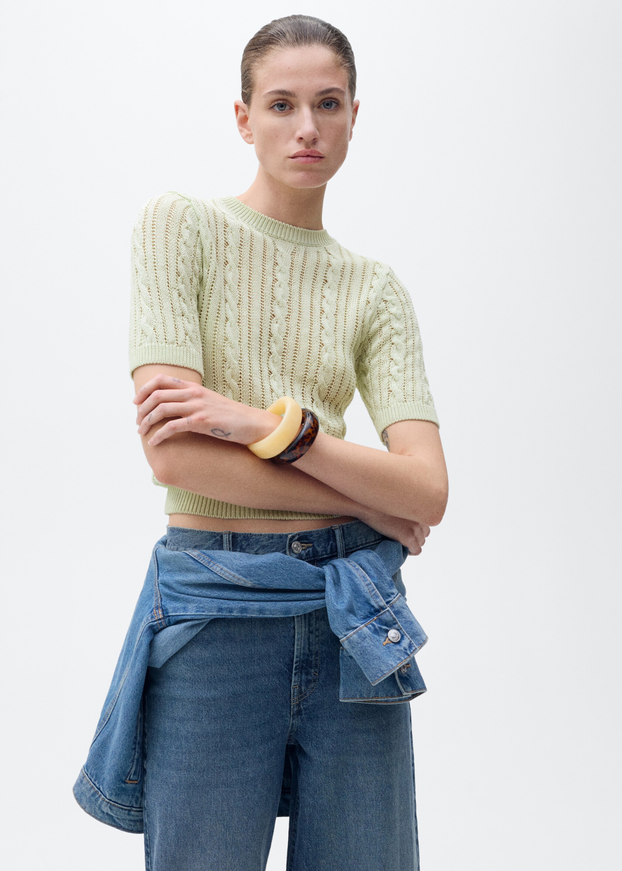 Short-sleeved cable-knit sweater - Medium plane, Pastel Green. Ref: 87027193-00.