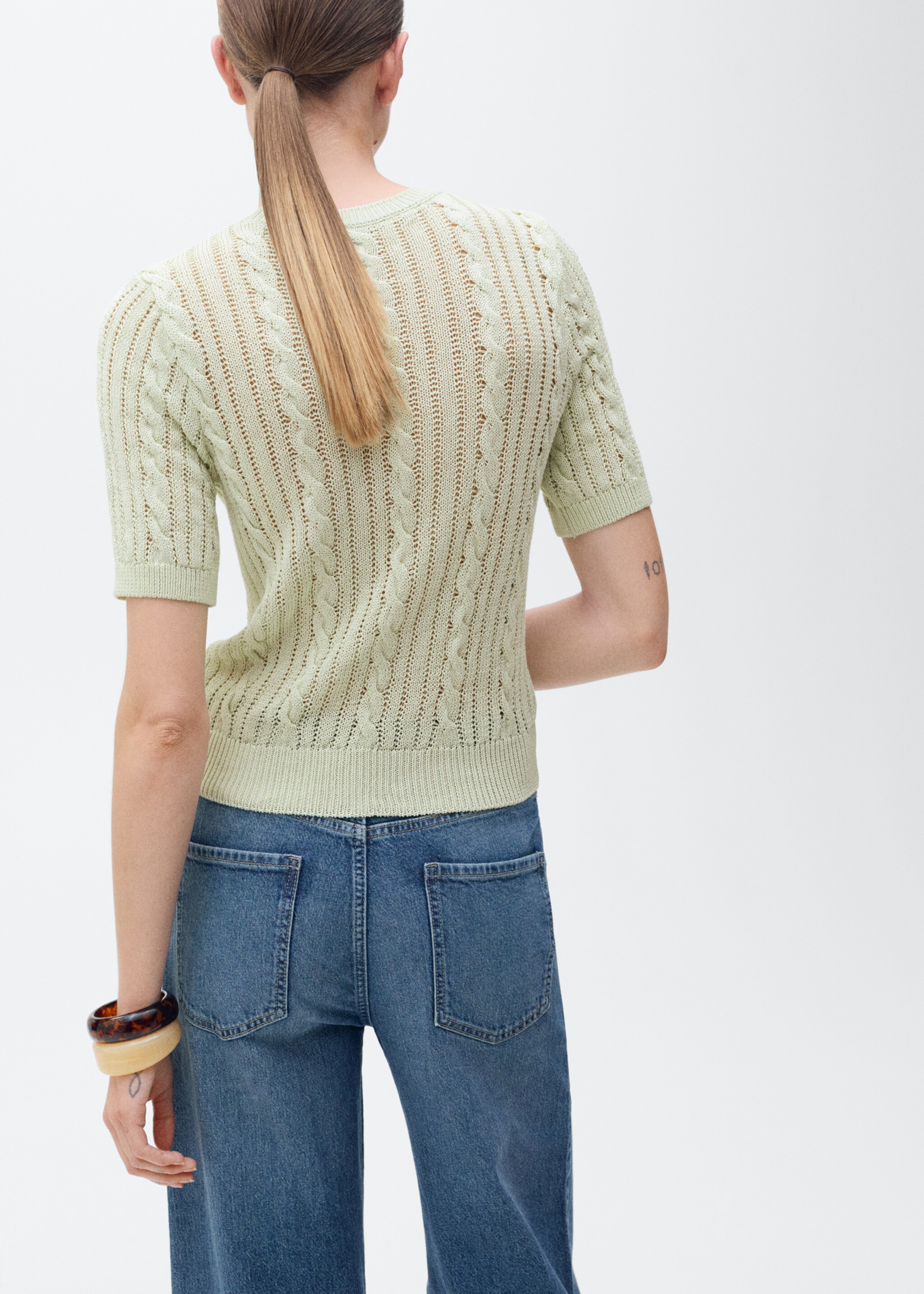 Short-sleeved cable-knit sweater - Reverse of the article, Pastel Green. Ref: 87027193-00.