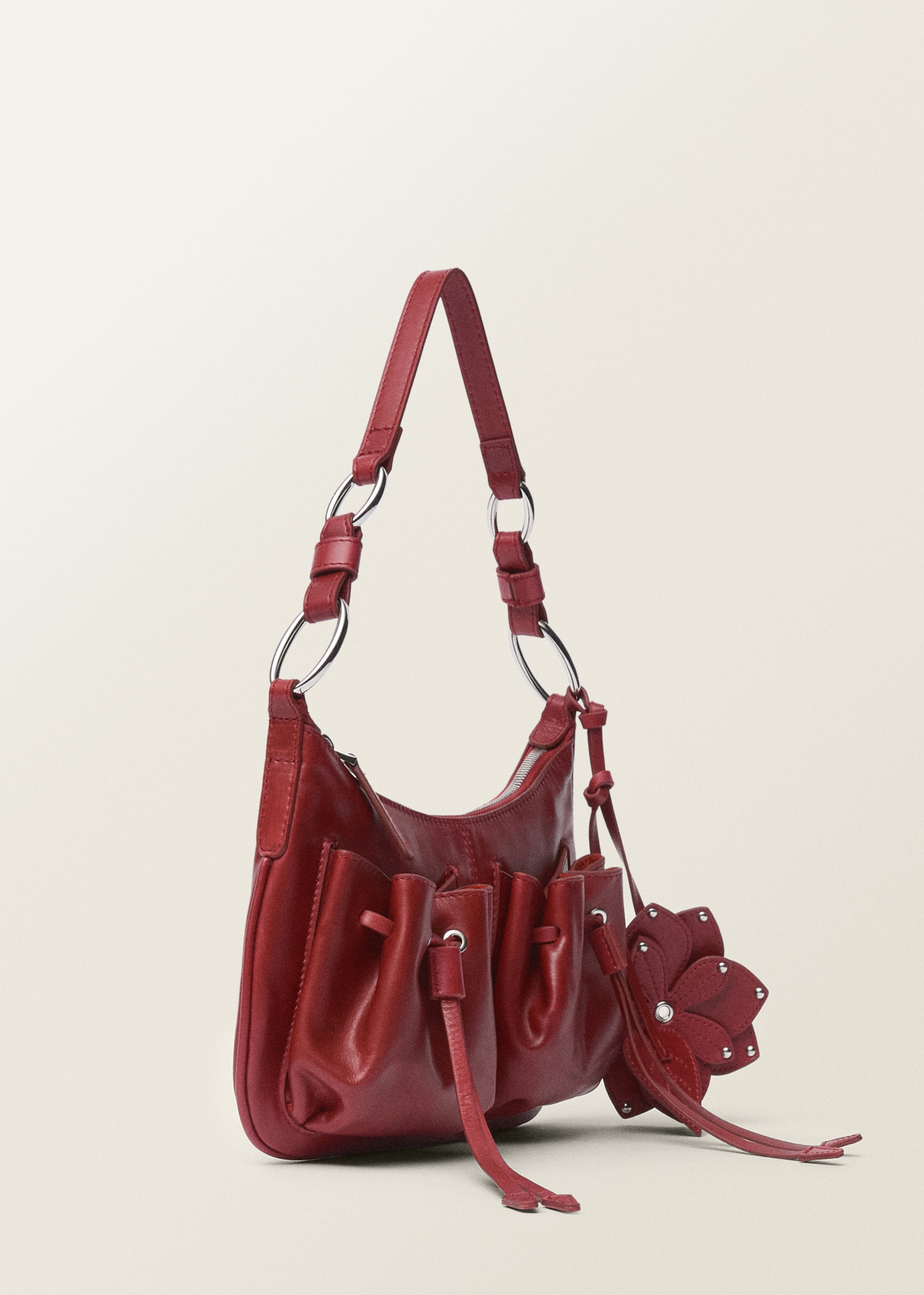Leather shoulder bag with gathered pockets - Medium plane, Red. Ref: 87027715-00.