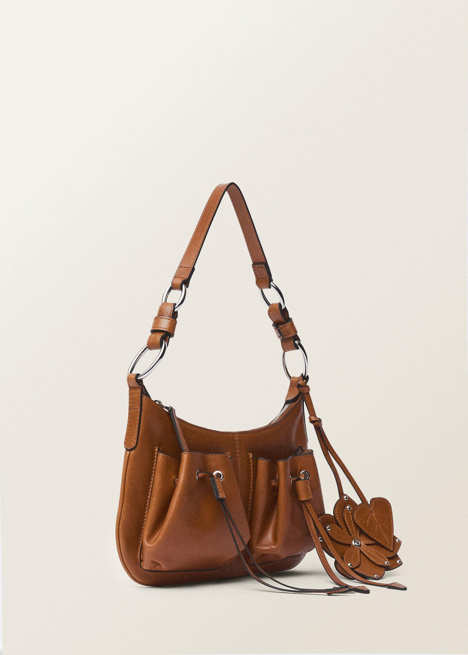 Leather shoulder bag with gathered pockets - Medium plane