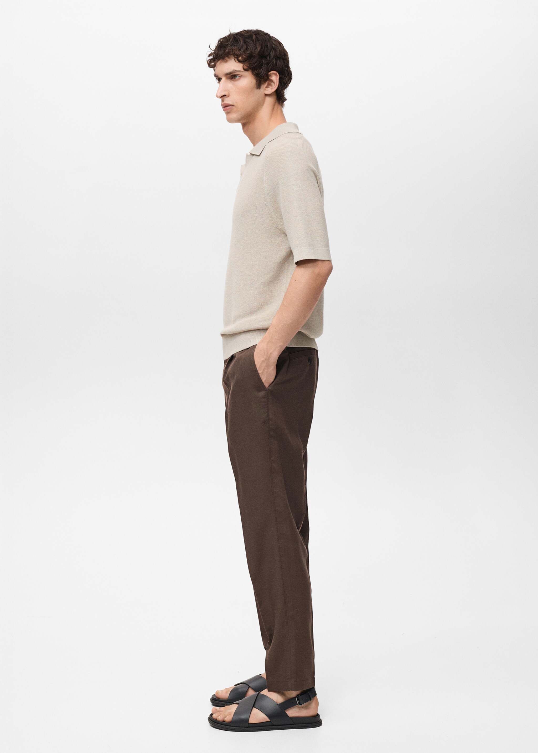 Slim fit linen trousers - Details of the article 2, Chocolate. Ref: 87027888-00.