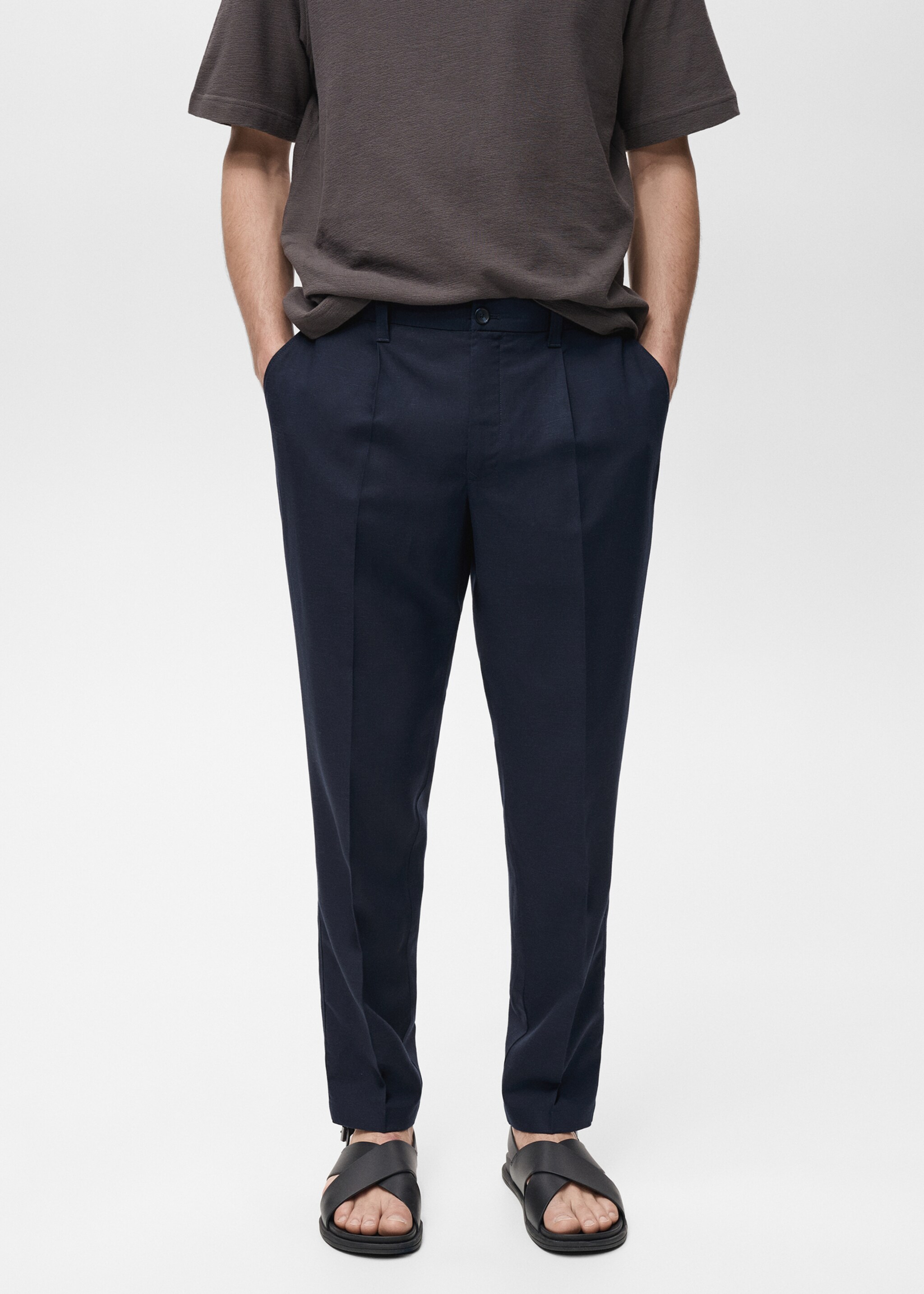 Slim fit linen trousers - Medium plane, Dark Navy. Ref: 87027888-00.