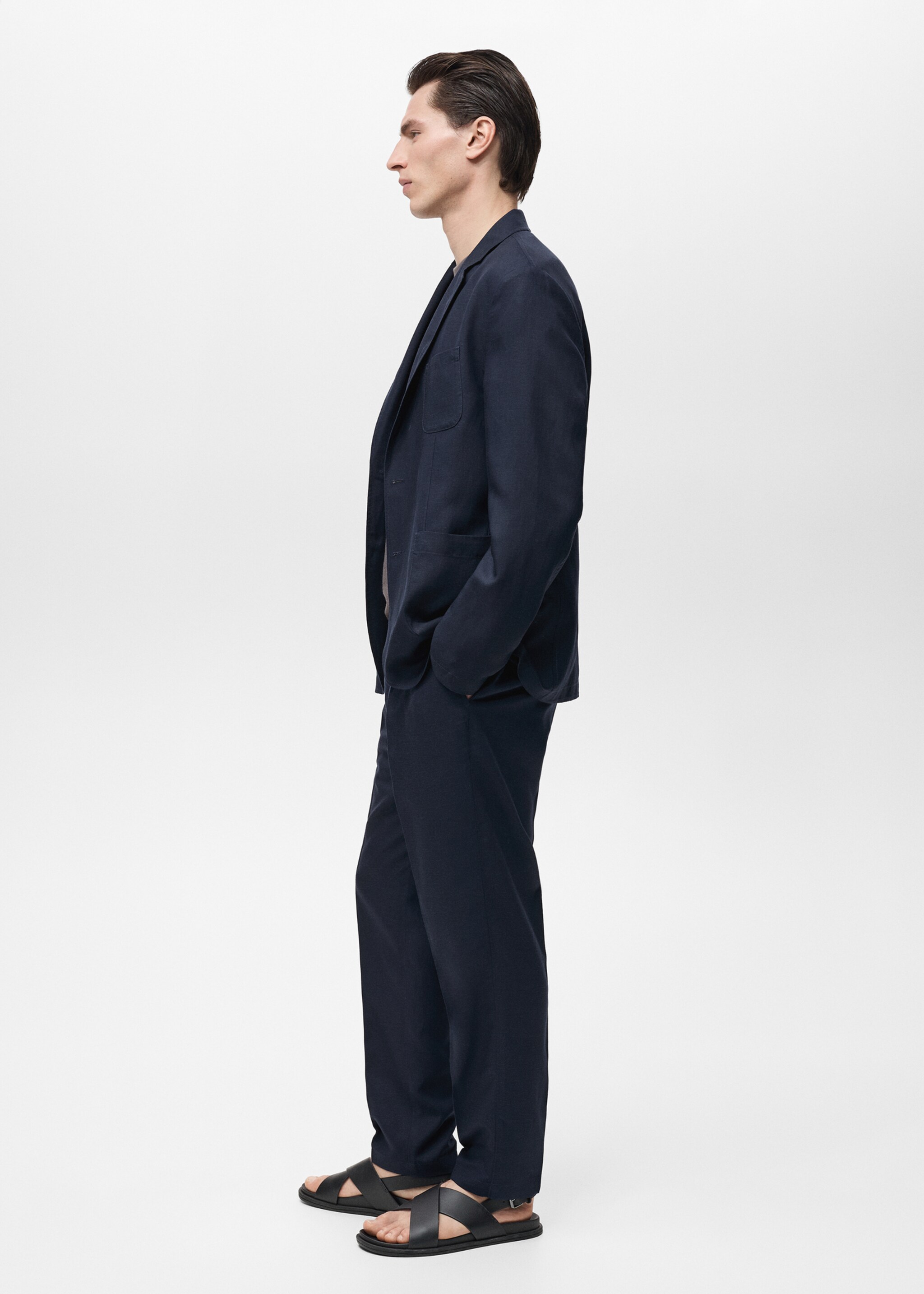 Slim fit linen trousers - Details of the article 2, Dark Navy. Ref: 87027888-00.