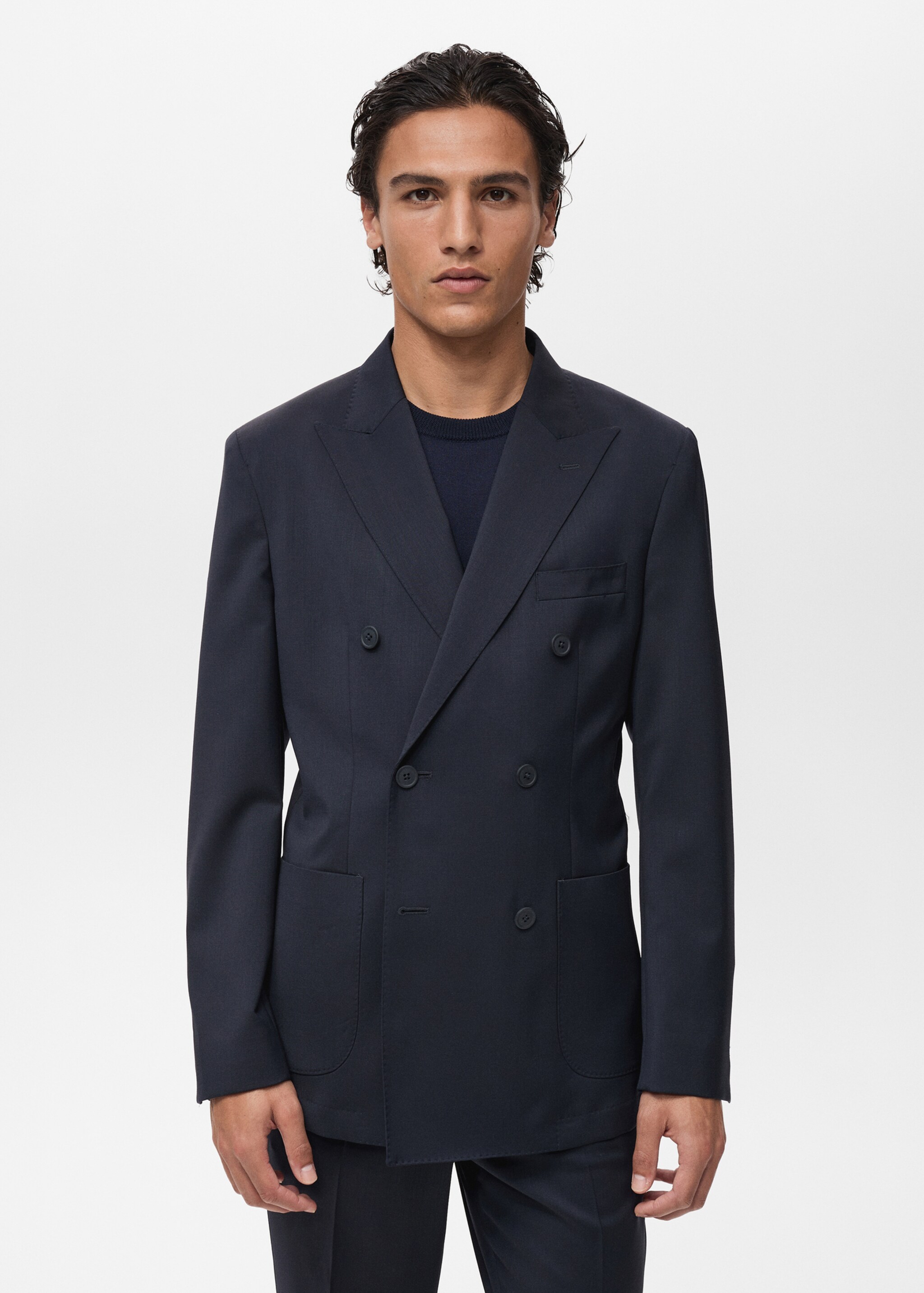 Marynarka garniturowa dwurzędowa z 100% chłodnej wełny - Plan średni, Niebieski. Ref: 87027896-00.