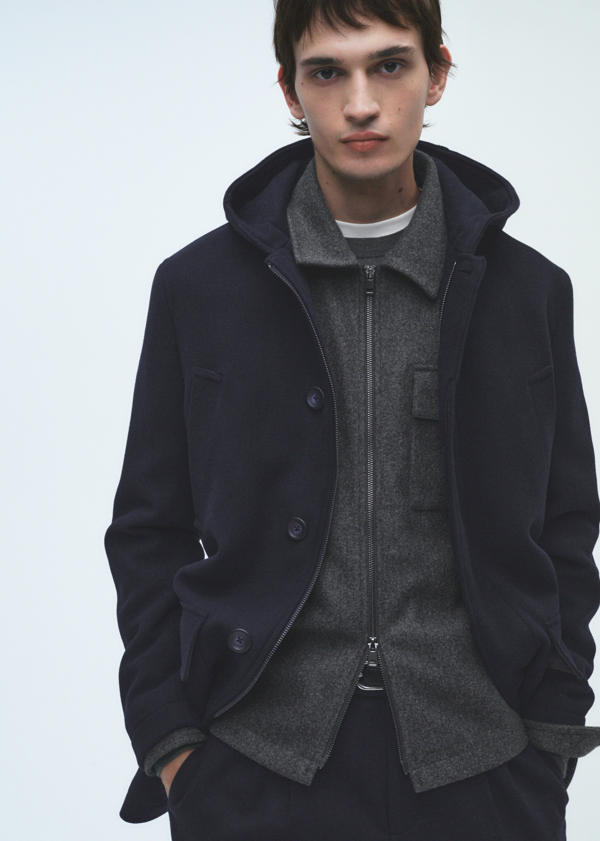 Hooded wool coat - Details of the article 3, Dark Navy. Ref: 87030575-00.