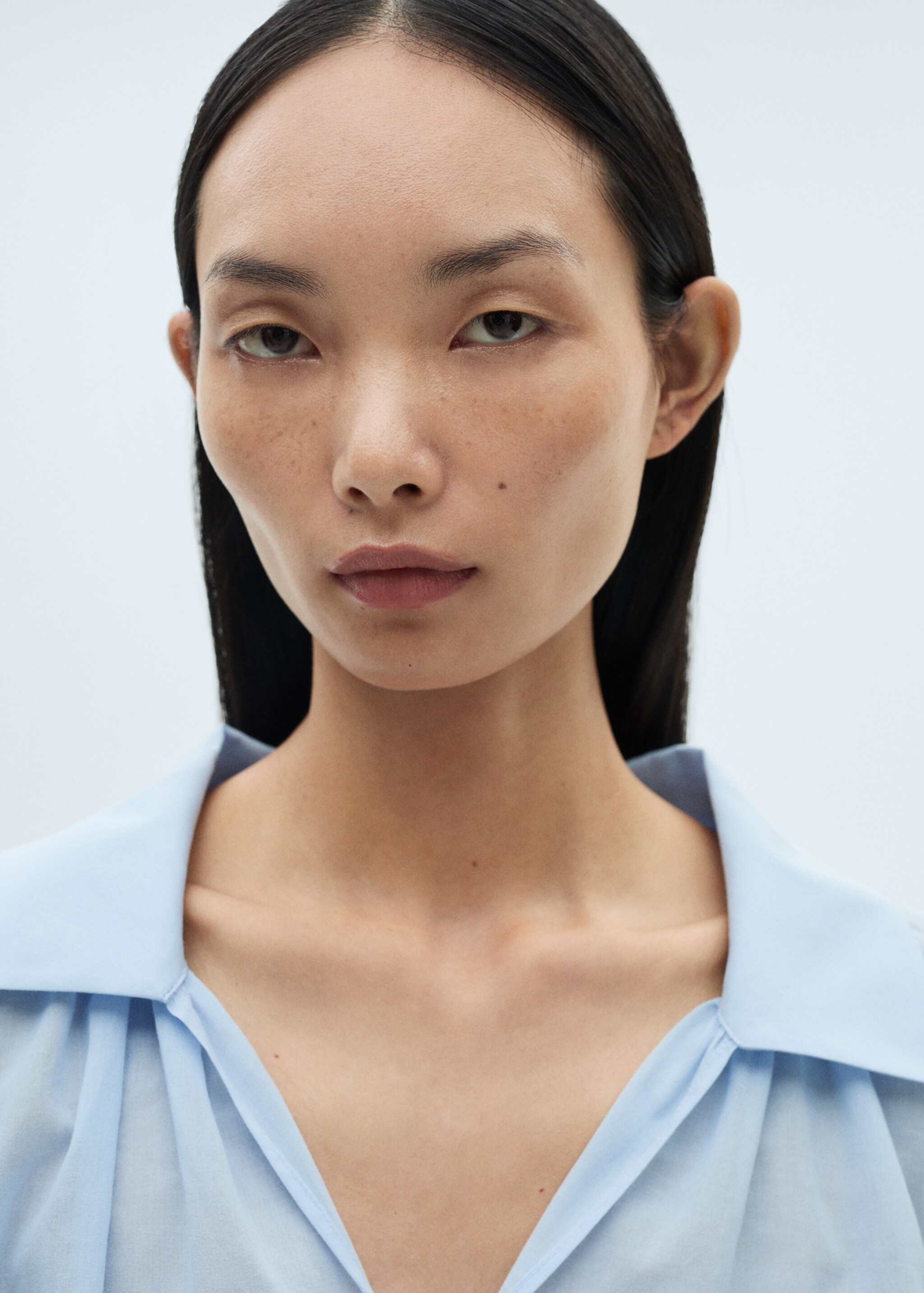 Puffed sleeves cotton blouse - Details of the article 1, Blue. Ref: 87030585-00.