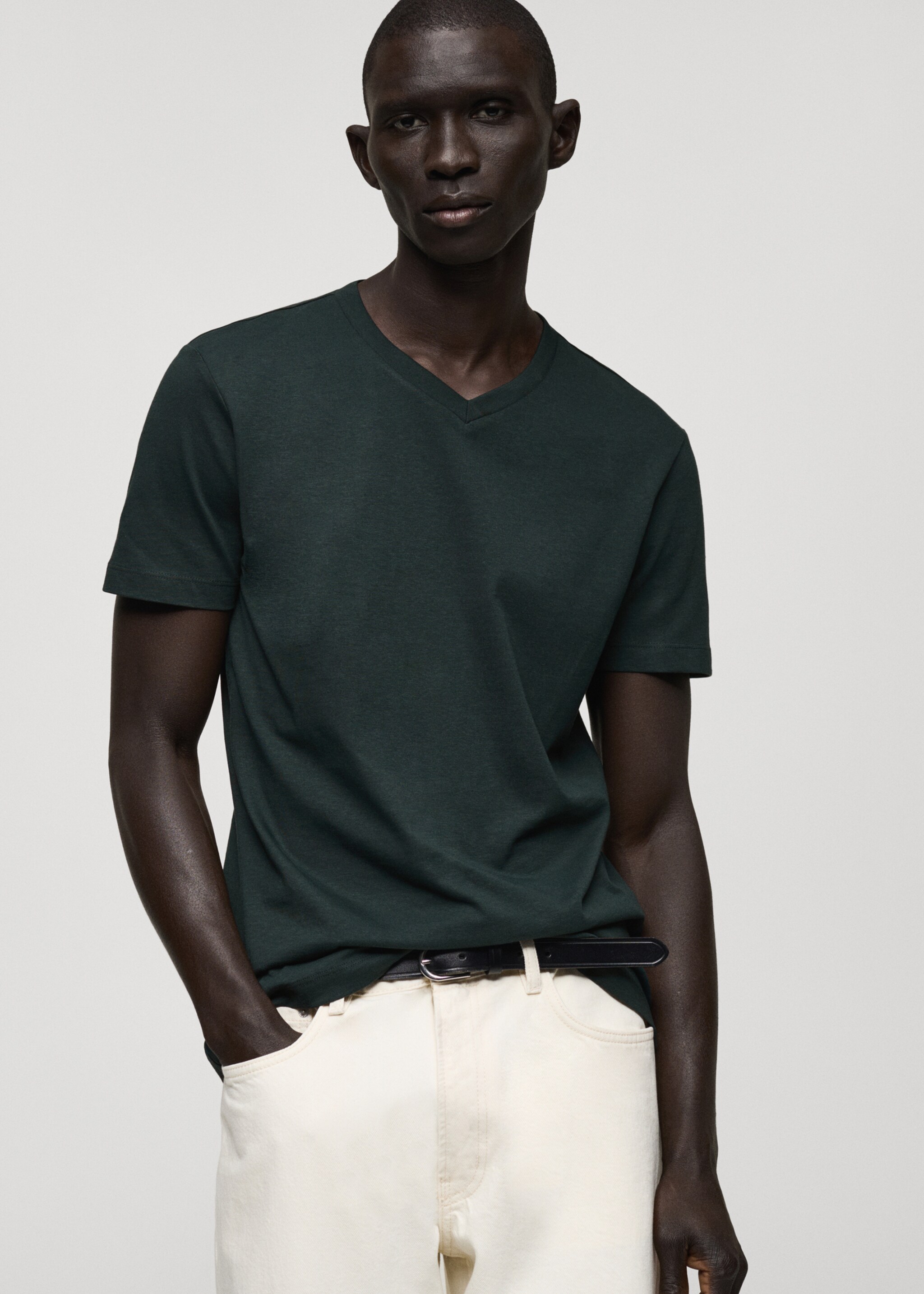 100% cotton slim-fit V-neck t-shirt - Medium plane, Green. Ref: 87030599-00.