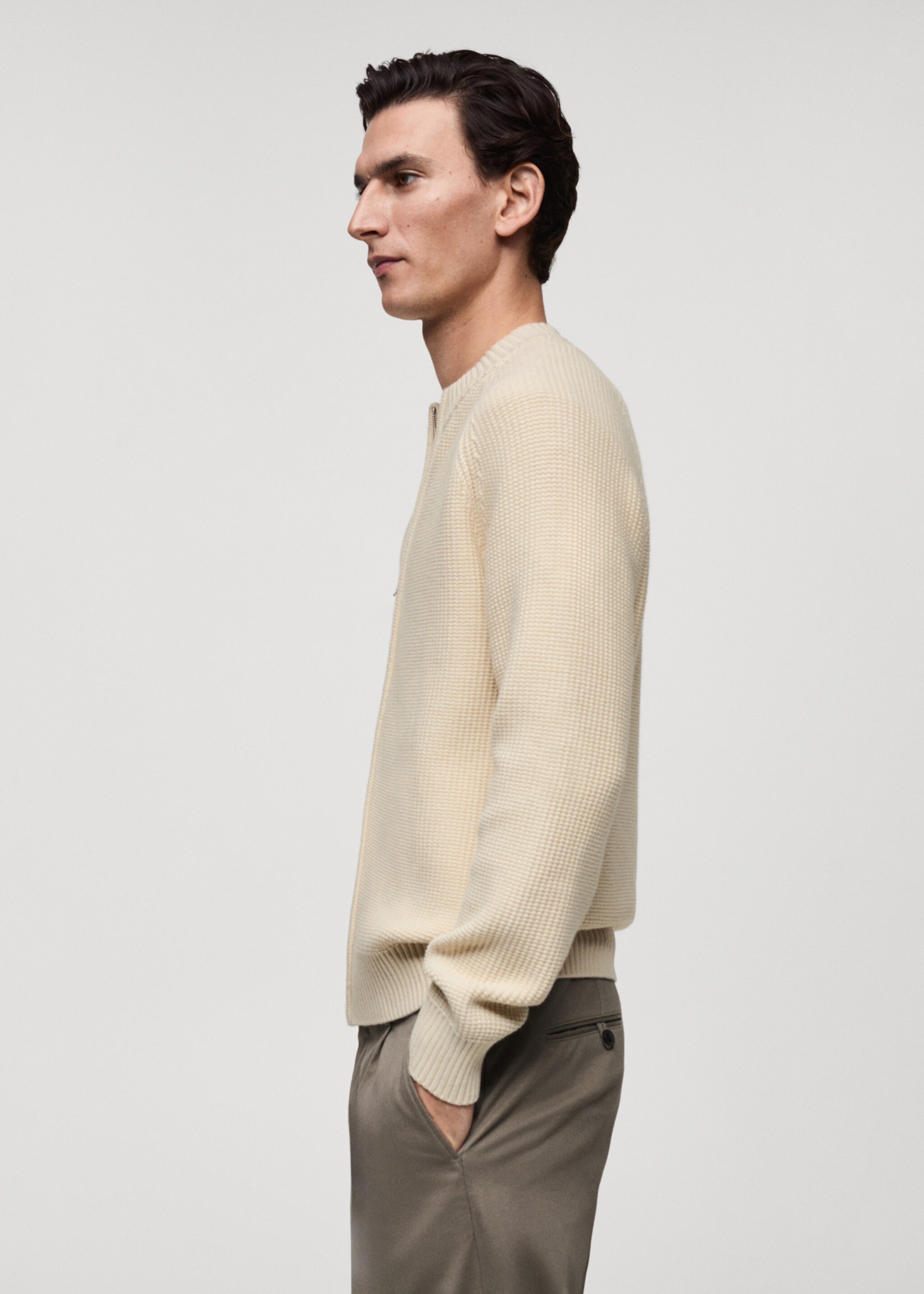 Structured knitted cardigan with zip - Details of the article 2, Sand. Ref: 87030601-00.