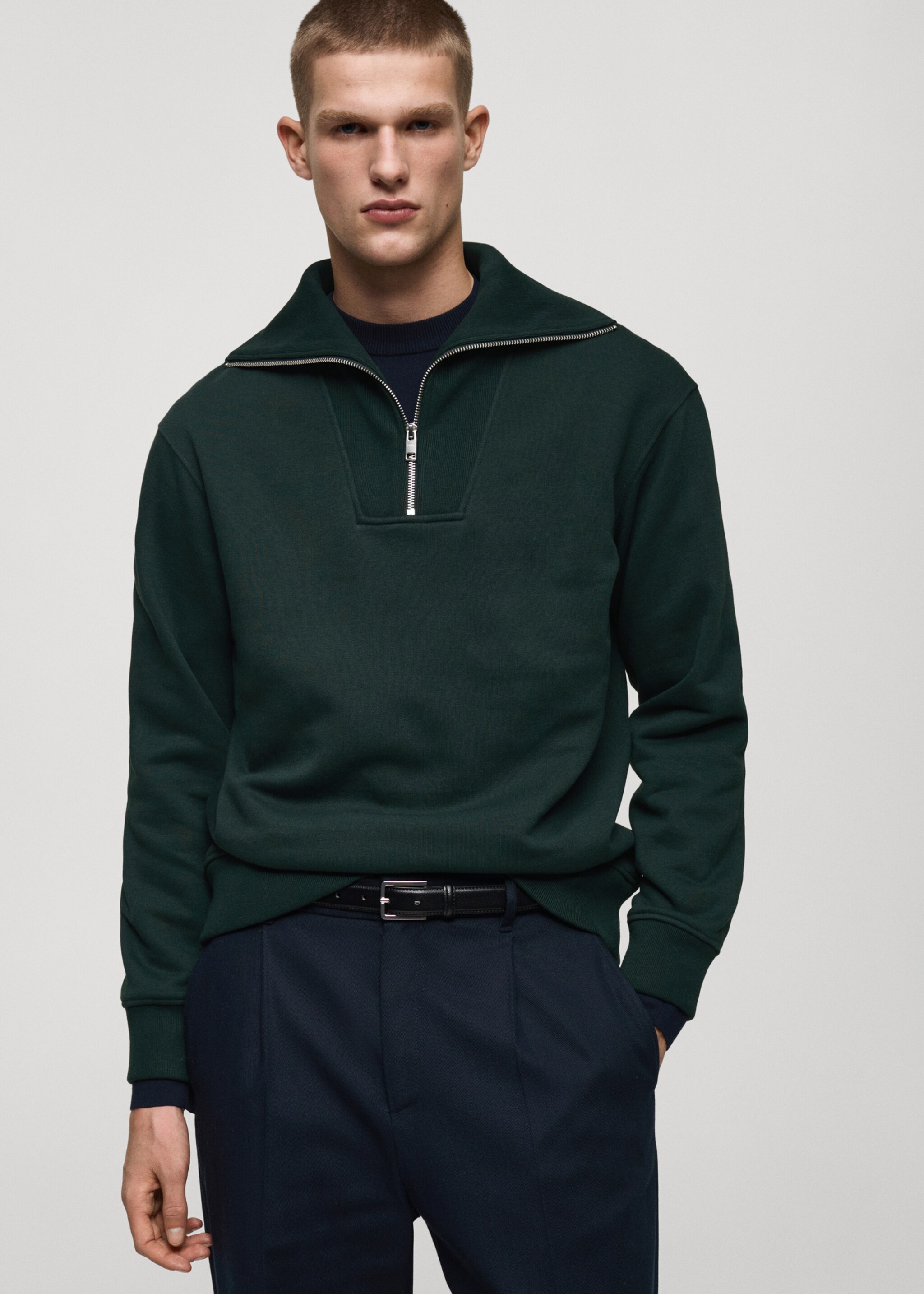 Regular-fit zip-neck sweatshirt - Medium plane, Green. Ref: 87030617-00.