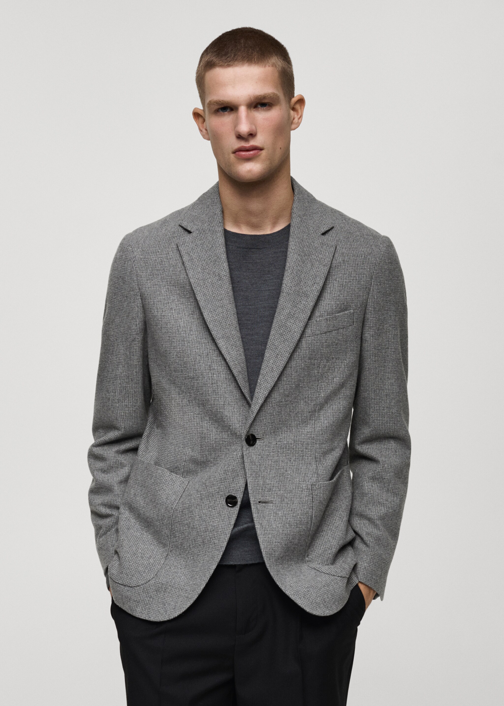 Slim-fit micro-houndstooth wool jacket - Medium plane, Grey. Ref: 87030631-00.