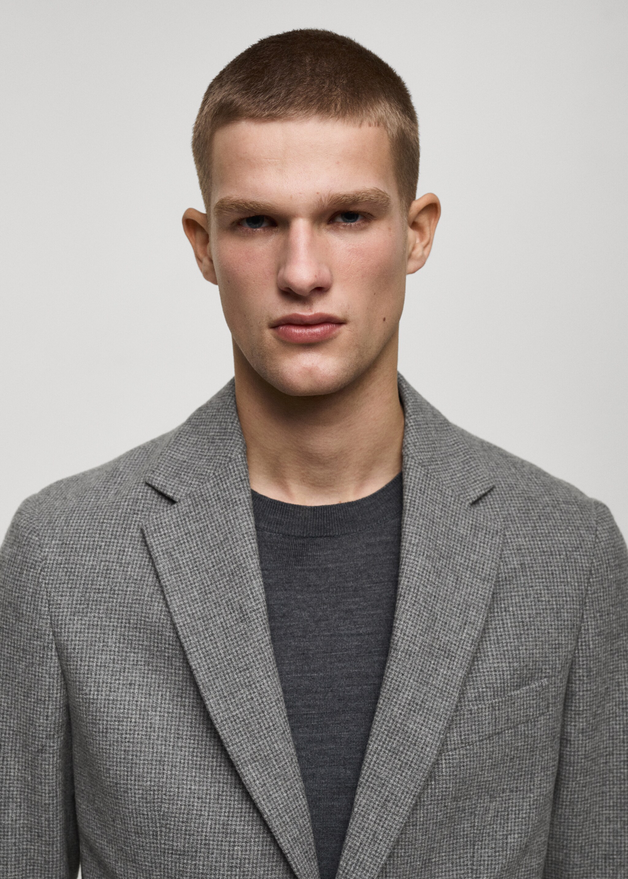 Slim-fit micro-houndstooth wool jacket - Details of the article 1, Grey. Ref: 87030631-00.