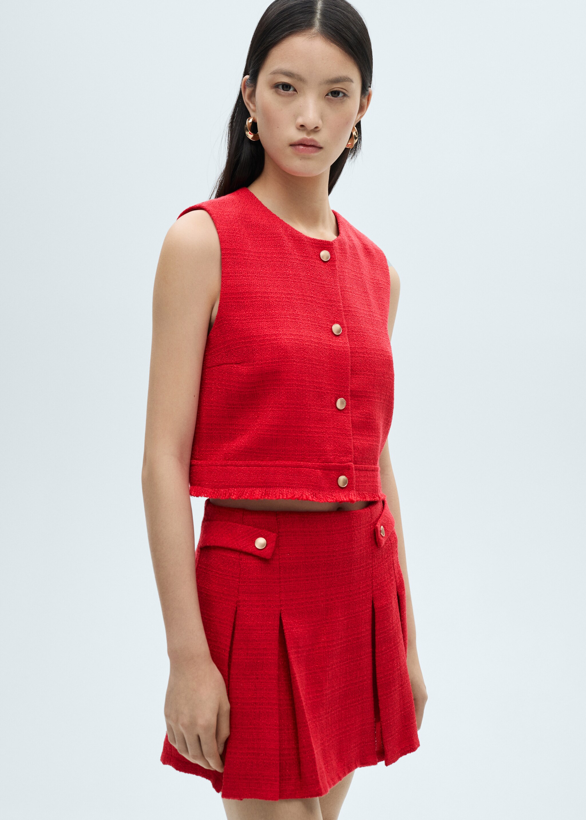 Jupe plissée tweed - Plan moyen, Rouge. Ref: 87032531-00.