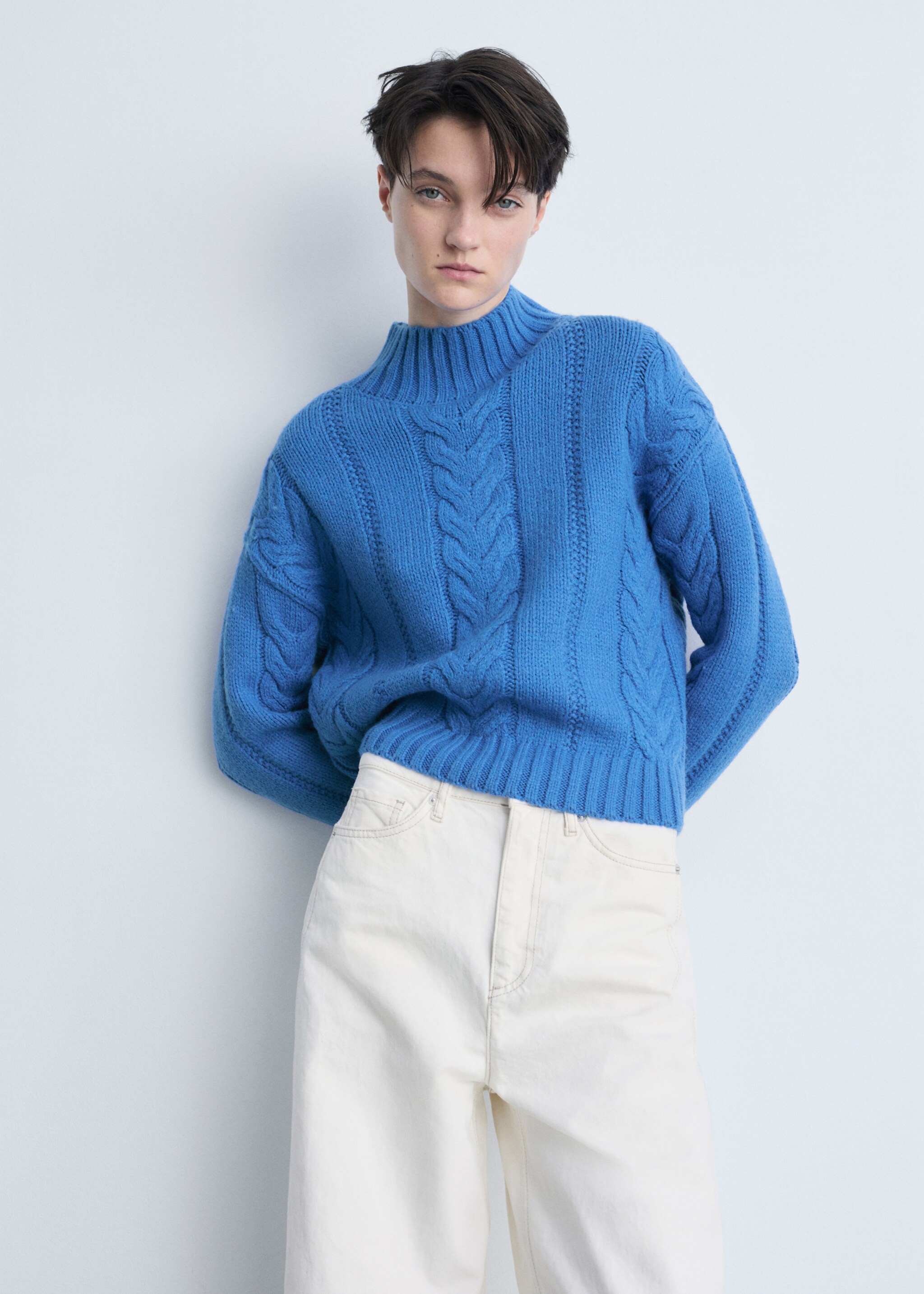 Braided sweater with perkins neck - Medium plane, Vibrant blue. Ref: 87033272-00.