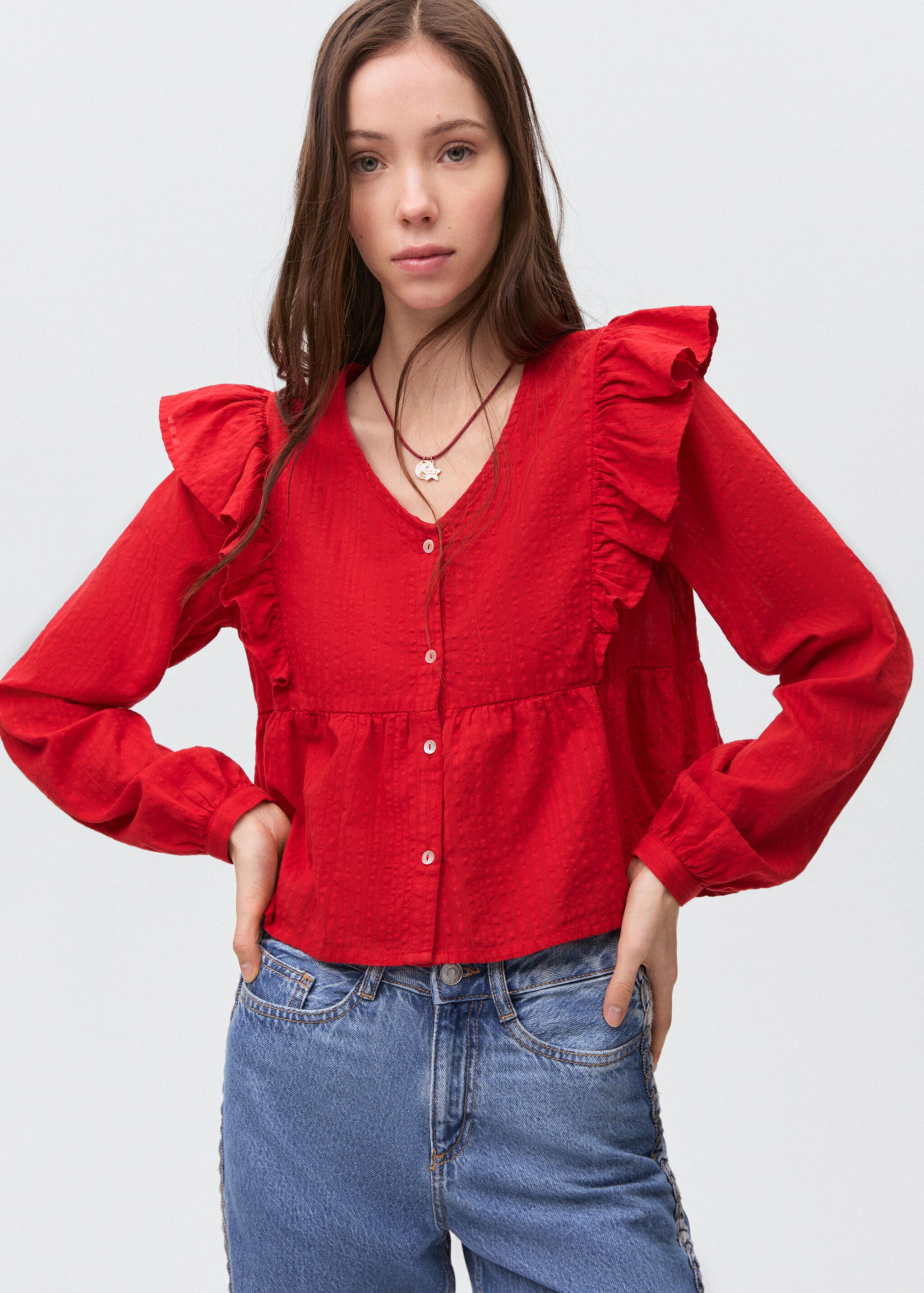Bluse mit gerüschten Schultern - Mittlere Ansicht, Rot. Ref: 87033281-00.