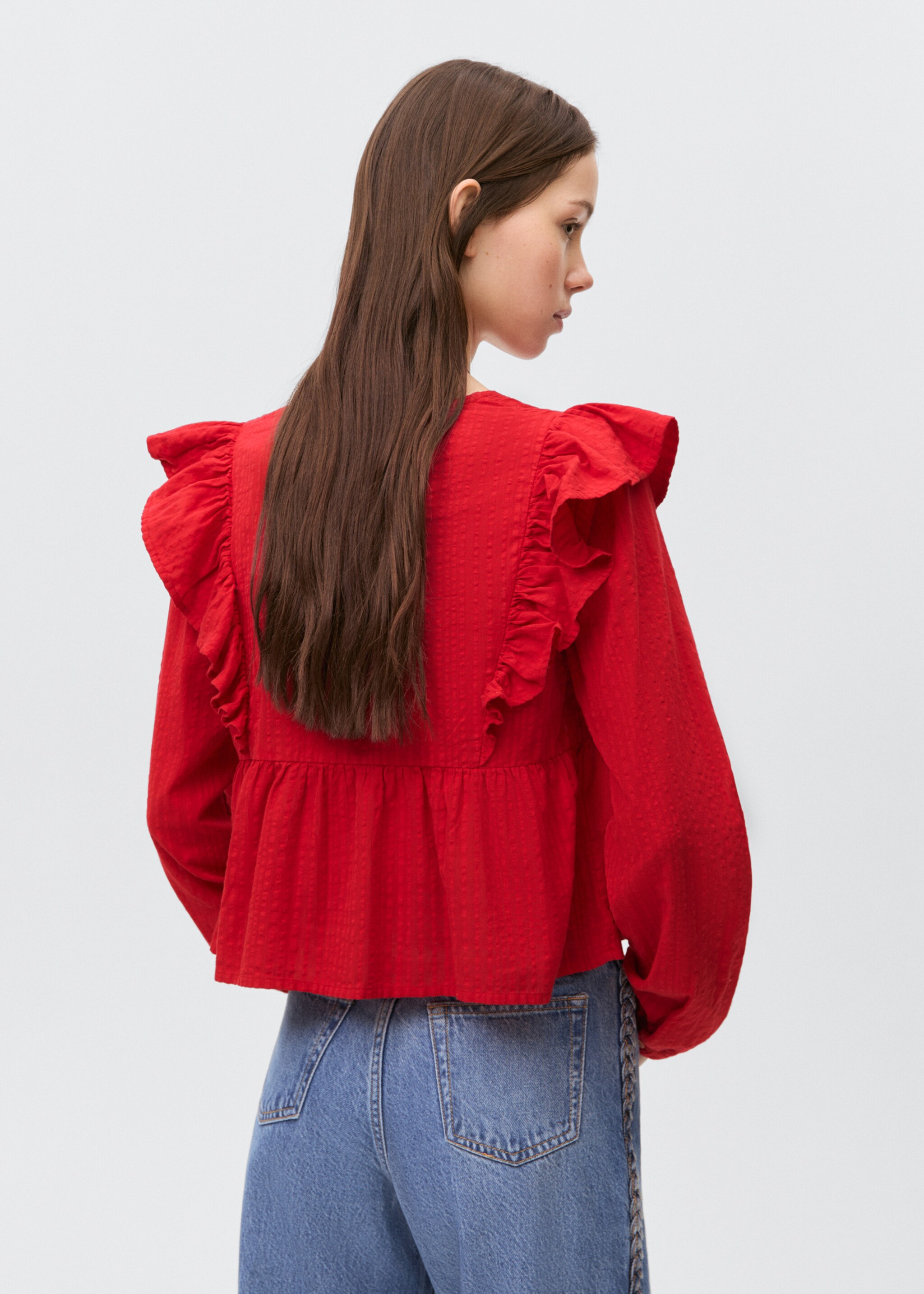 Bluse mit gerüschten Schultern - Rückseite des Artikels, Rot. Ref: 87033281-00.