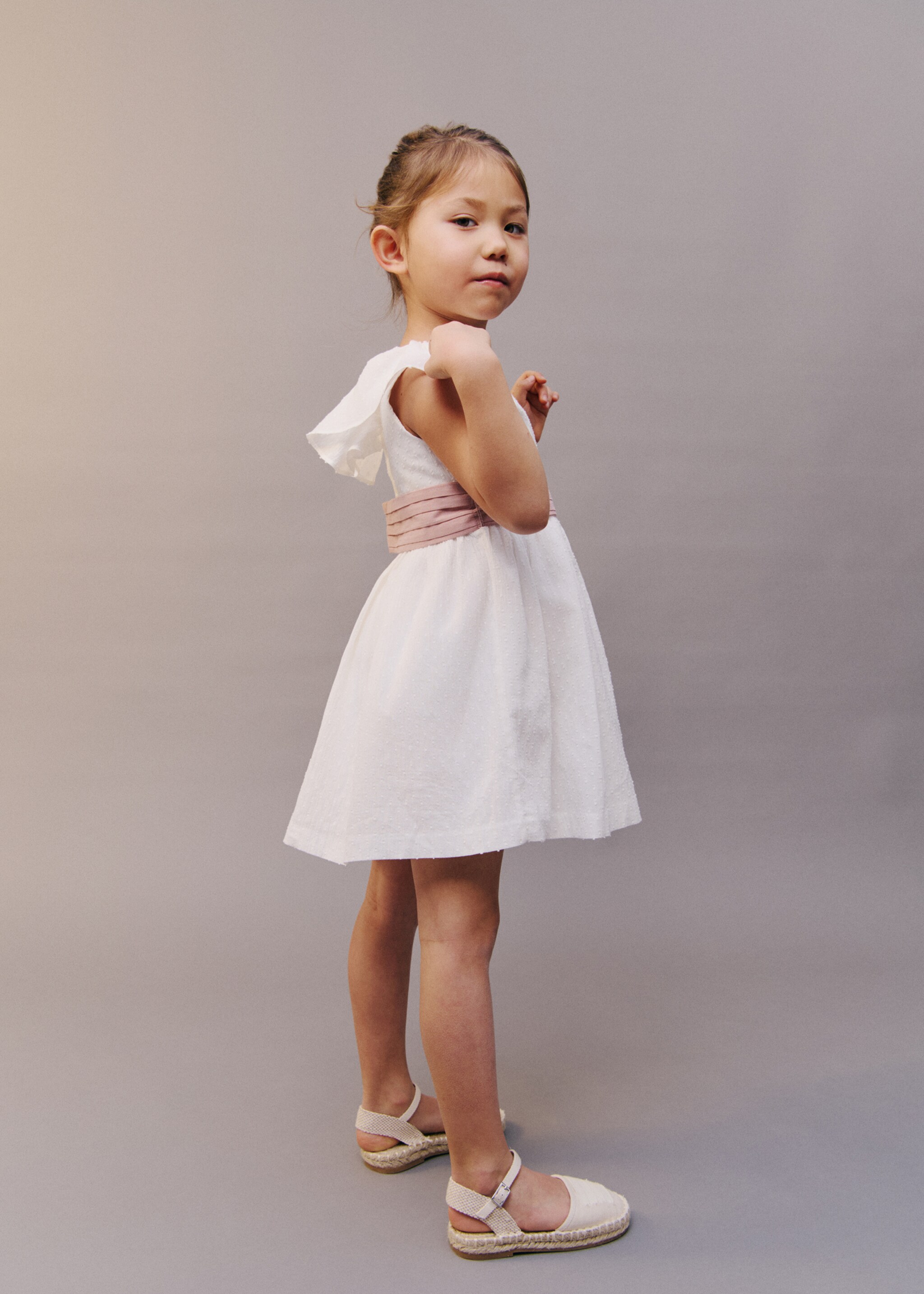 Belt linen dress - Details of the article 5, White. Ref: 87033635-00.