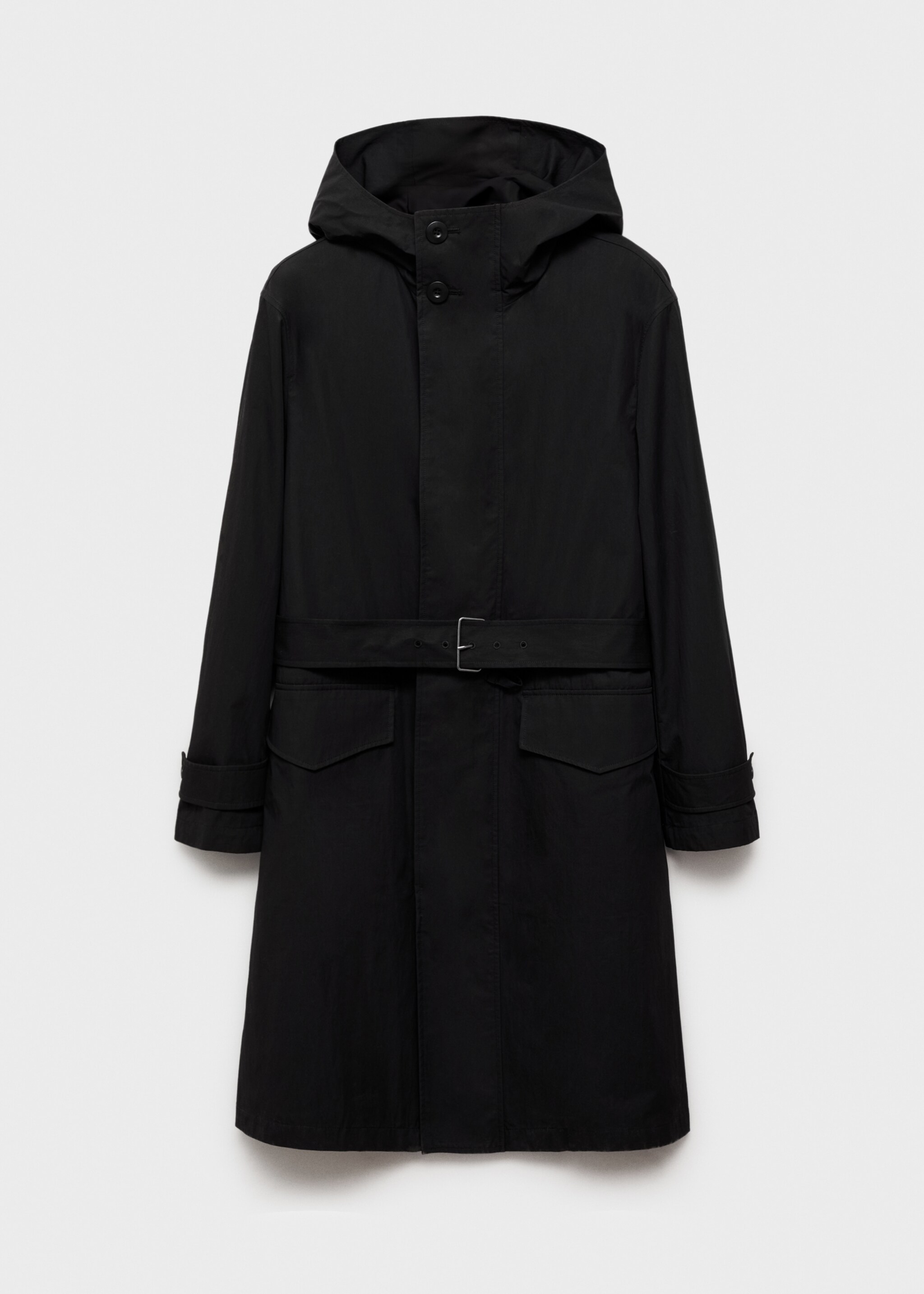 Trench coat with belt and hood - Article without model, Black. Ref: 87034392-00.