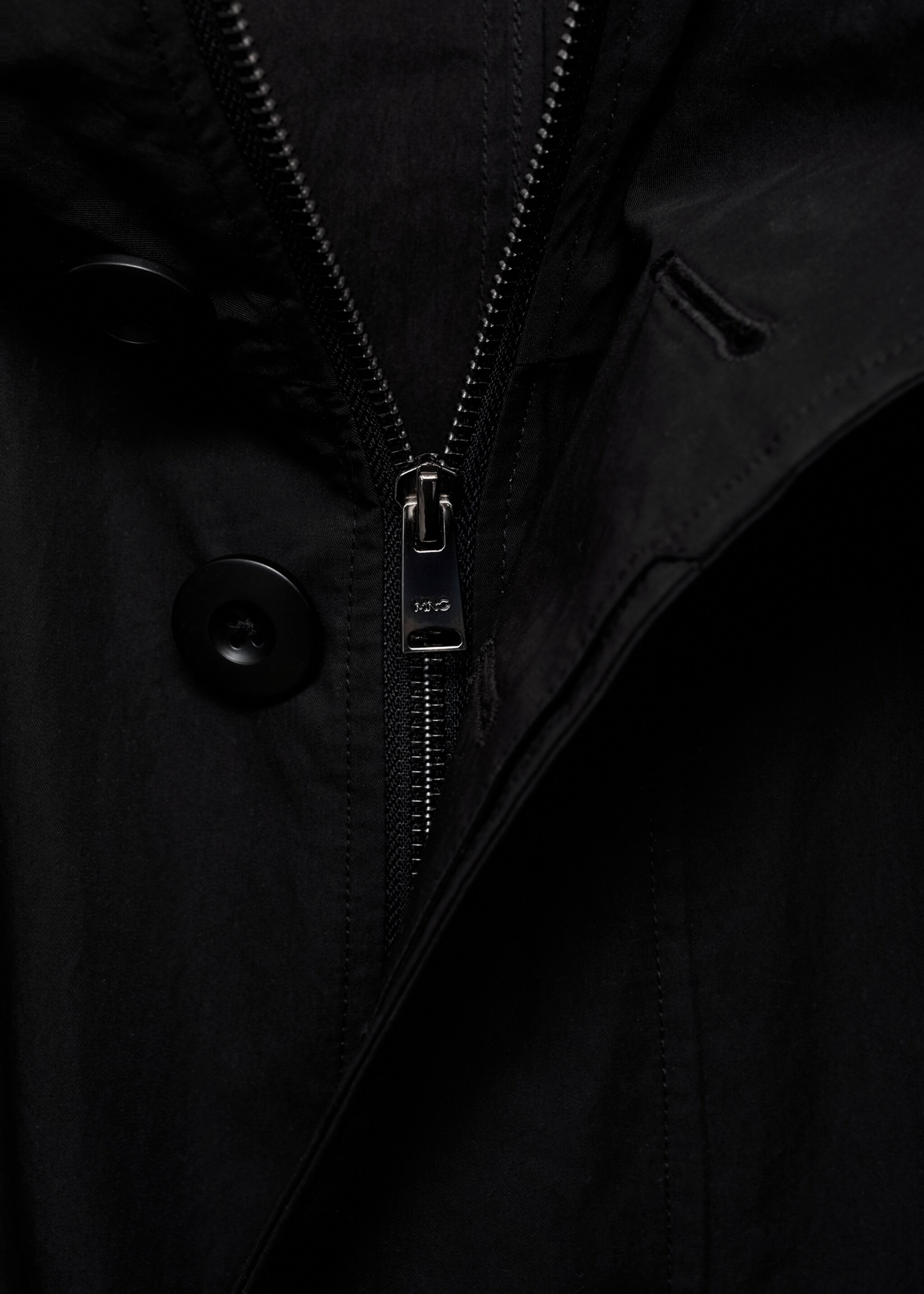Trench coat with belt and hood - Details of the article 8, Black. Ref: 87034392-00.