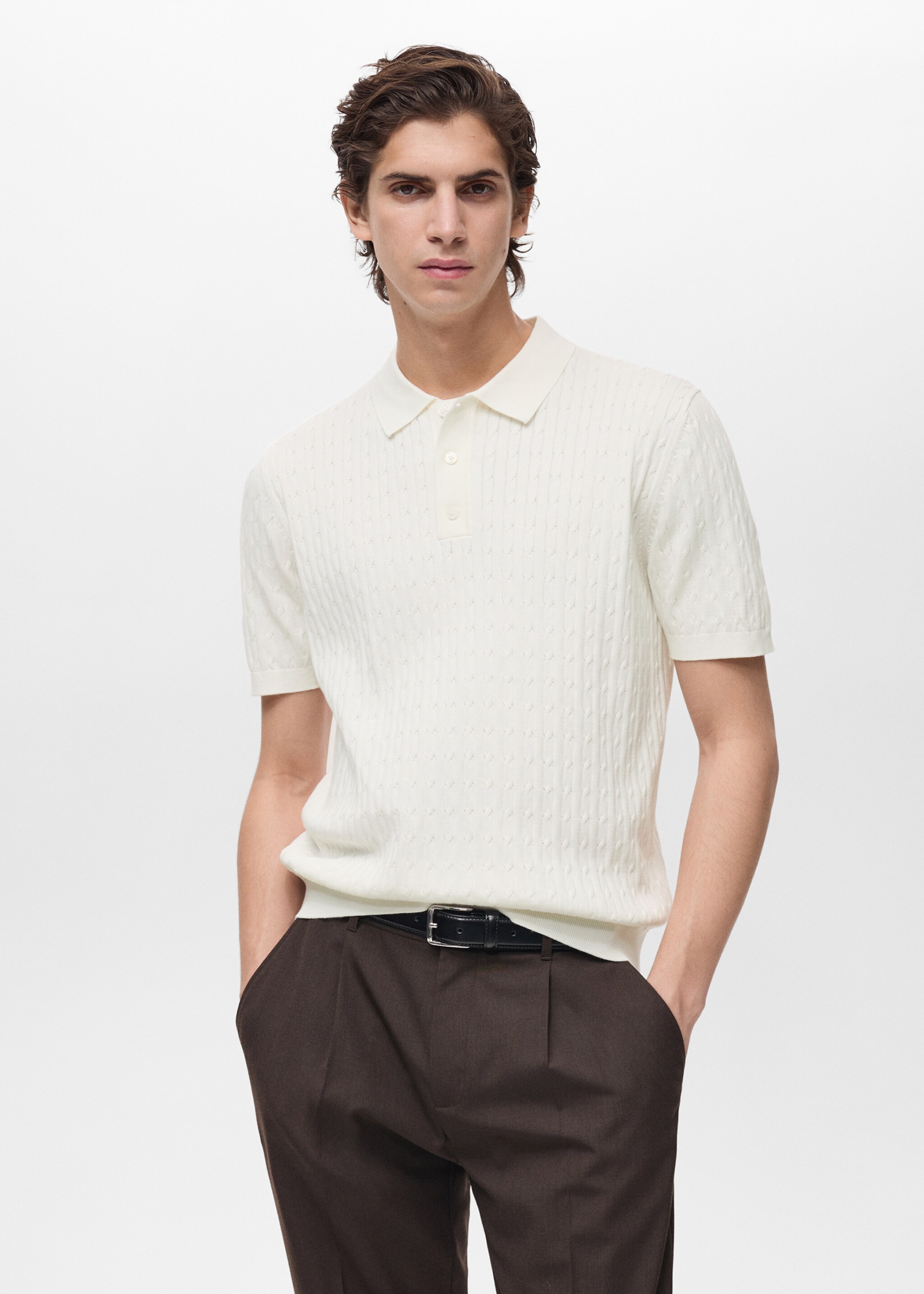 Polo maille torsadée 100 % coton - Plan moyen, Blanc cassé. Ref: 87034411-00.