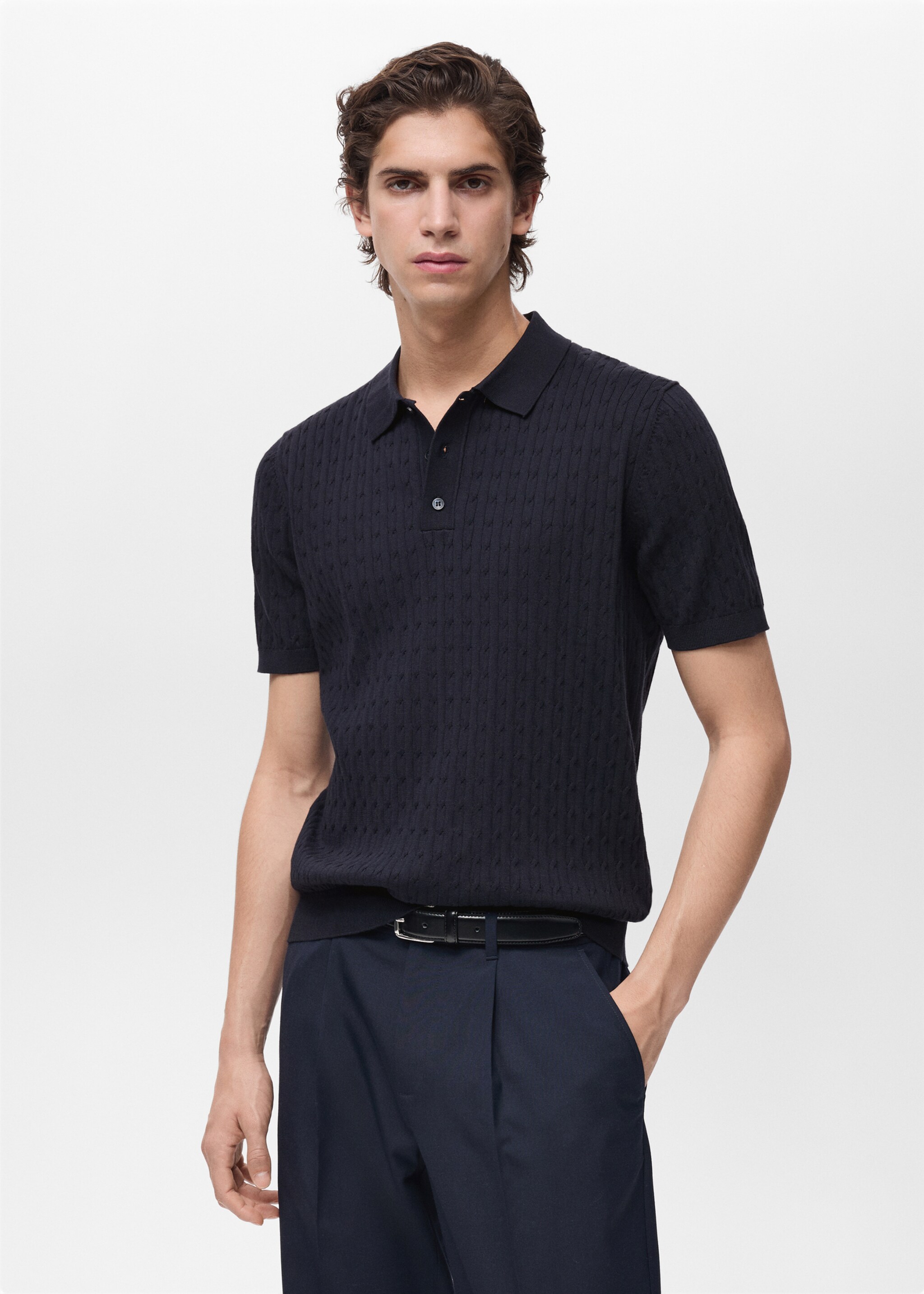 100% cotton braided knitted polo shirt - Medium plane, Night Blue. Ref: 87034411-00.