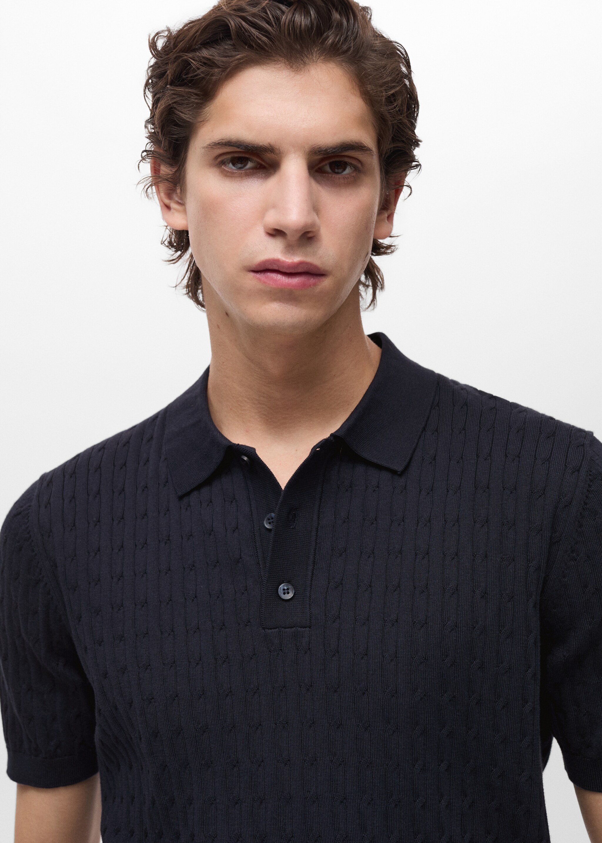 100% cotton braided knitted polo shirt - Details of the article 1, Night Blue. Ref: 87034411-00.