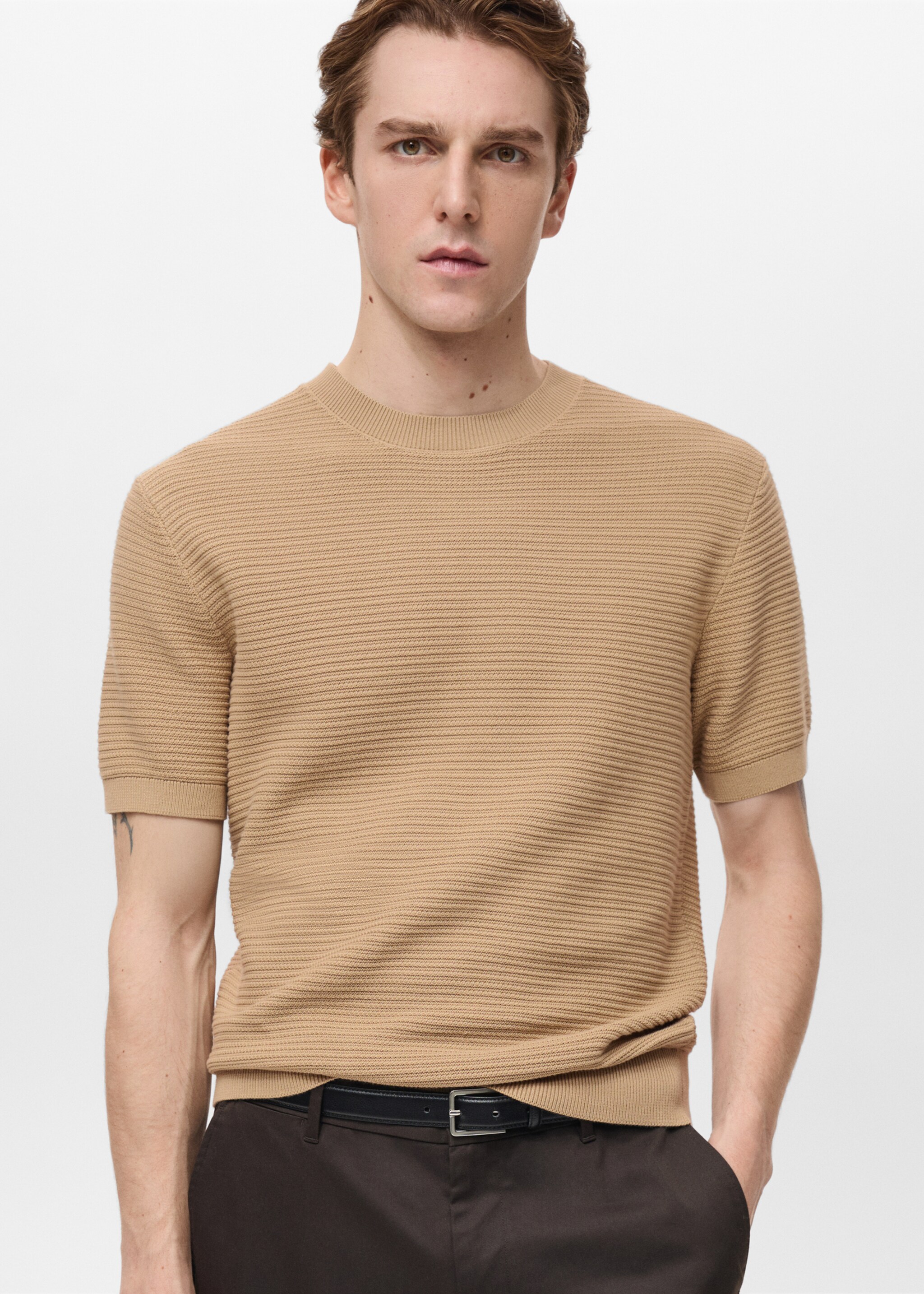 Structure thin knitwear t-shirt - Medium plane, Medium Brown. Ref: 87034412-00.