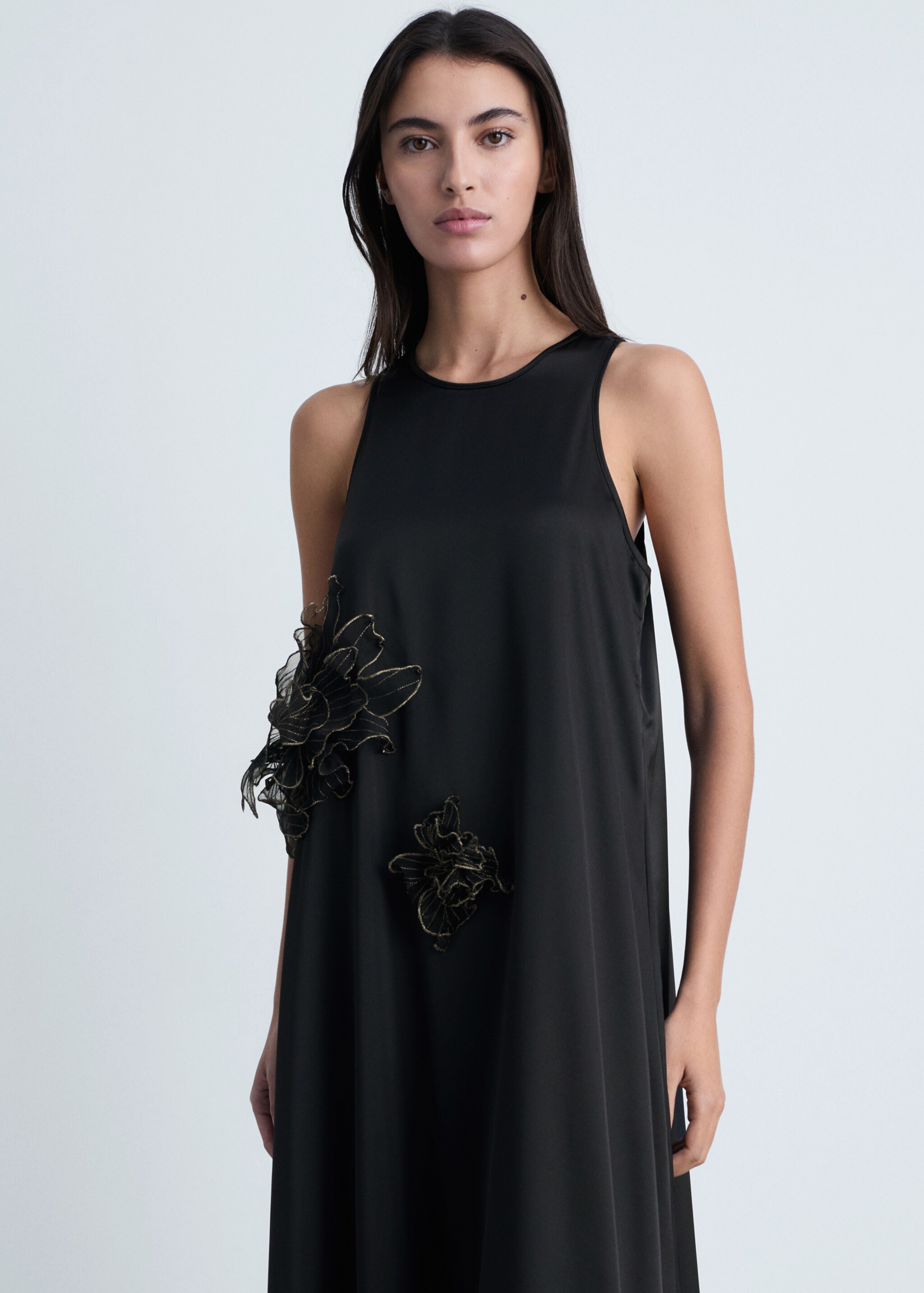 Satin maxi-flower dress - Medium plane, Black. Ref: 87034798-00.