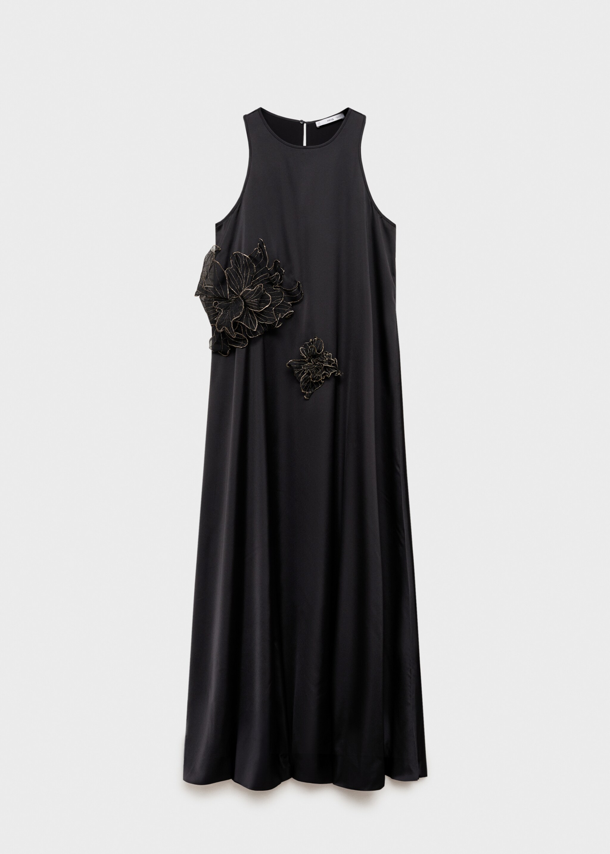 Satin maxi-flower dress - Article without model, Black. Ref: 87034798-00.
