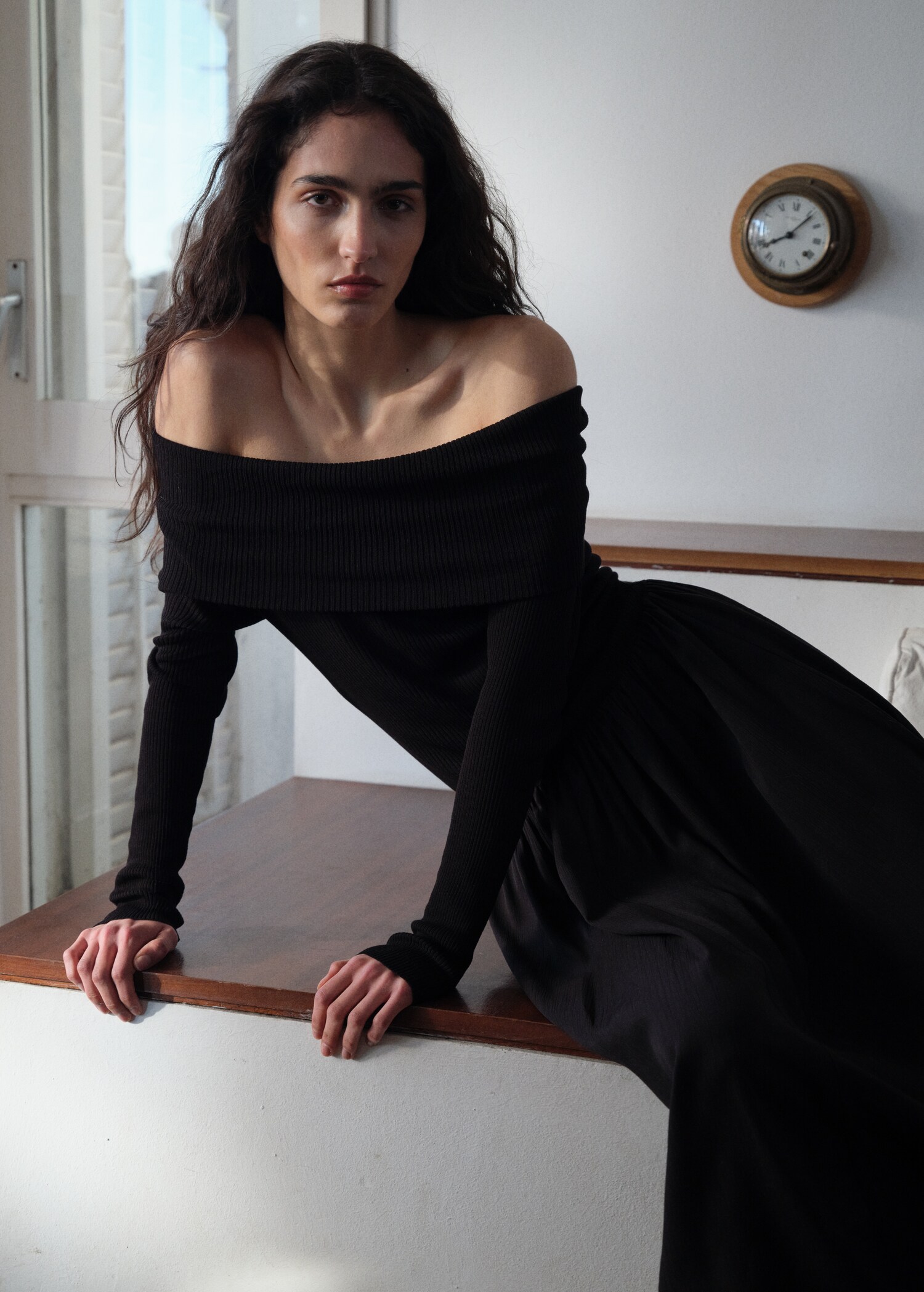 Off-the-shoulder dress in combined fabric - Medium plane