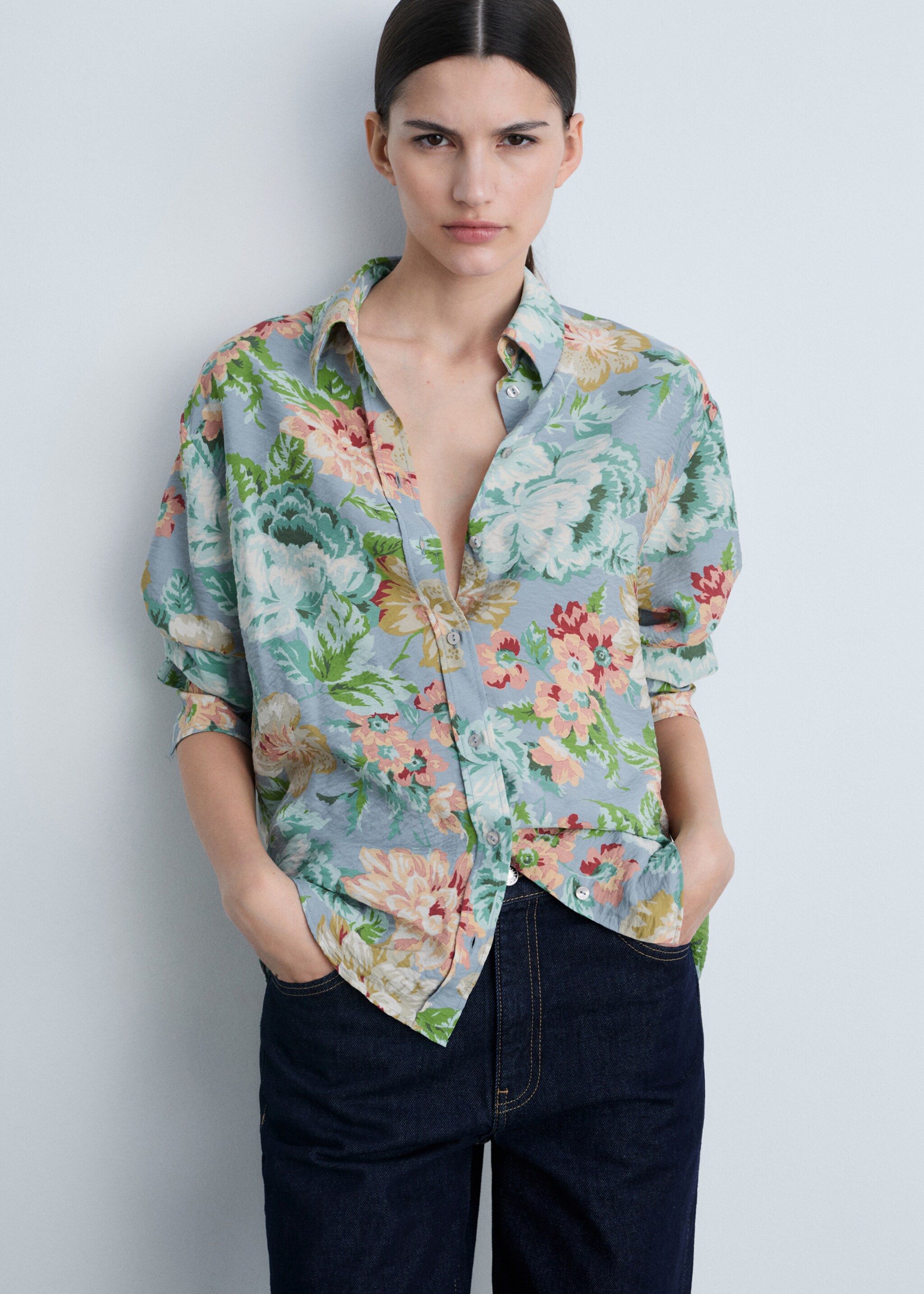 Camisa regular estampado floral - Plano medio, Azul celeste. Ref: 87034813-00.