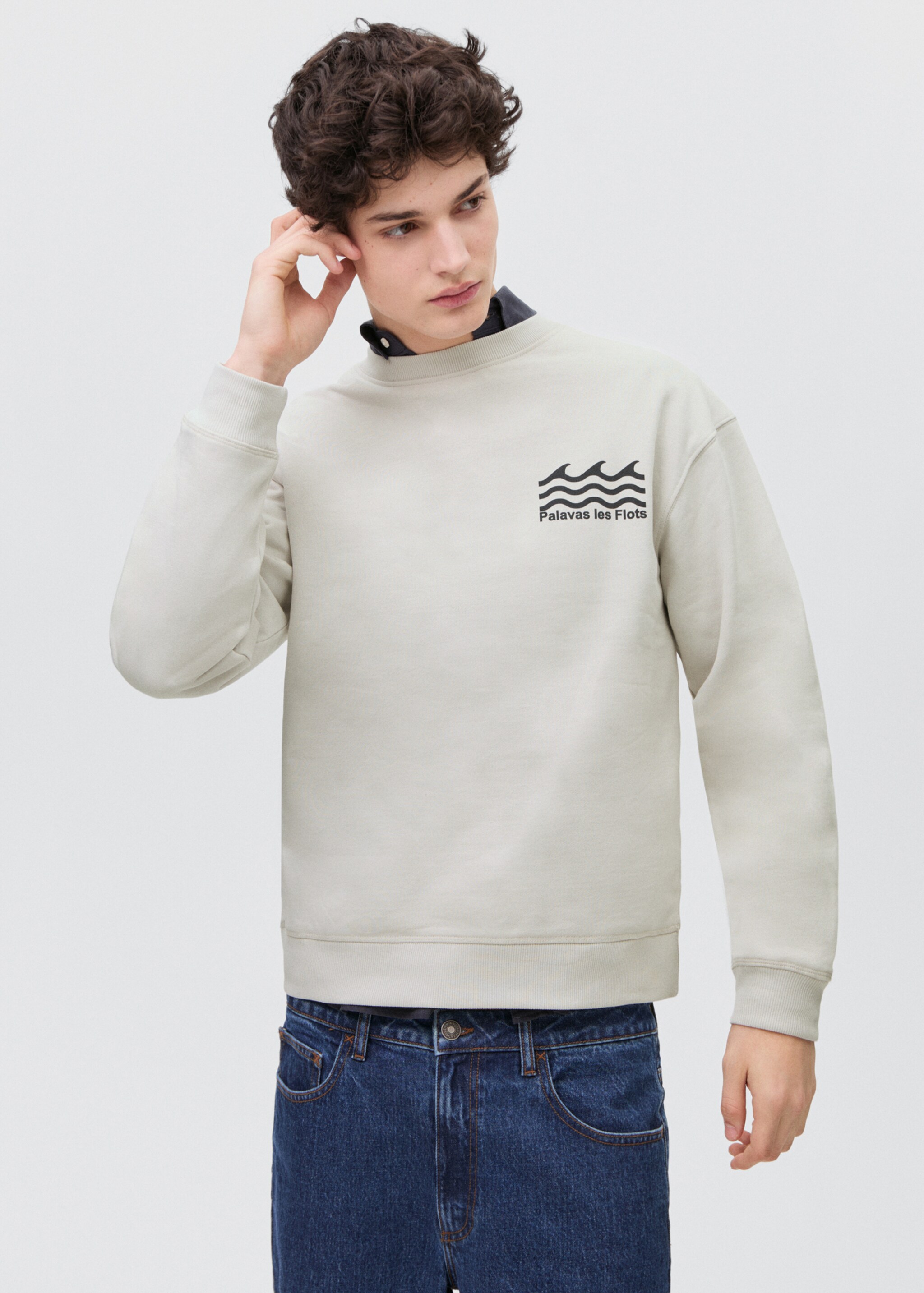 Bavlněná mikina s potiskem - Náhled ve středové rovině, Šedá. Ref: 87035738-00.