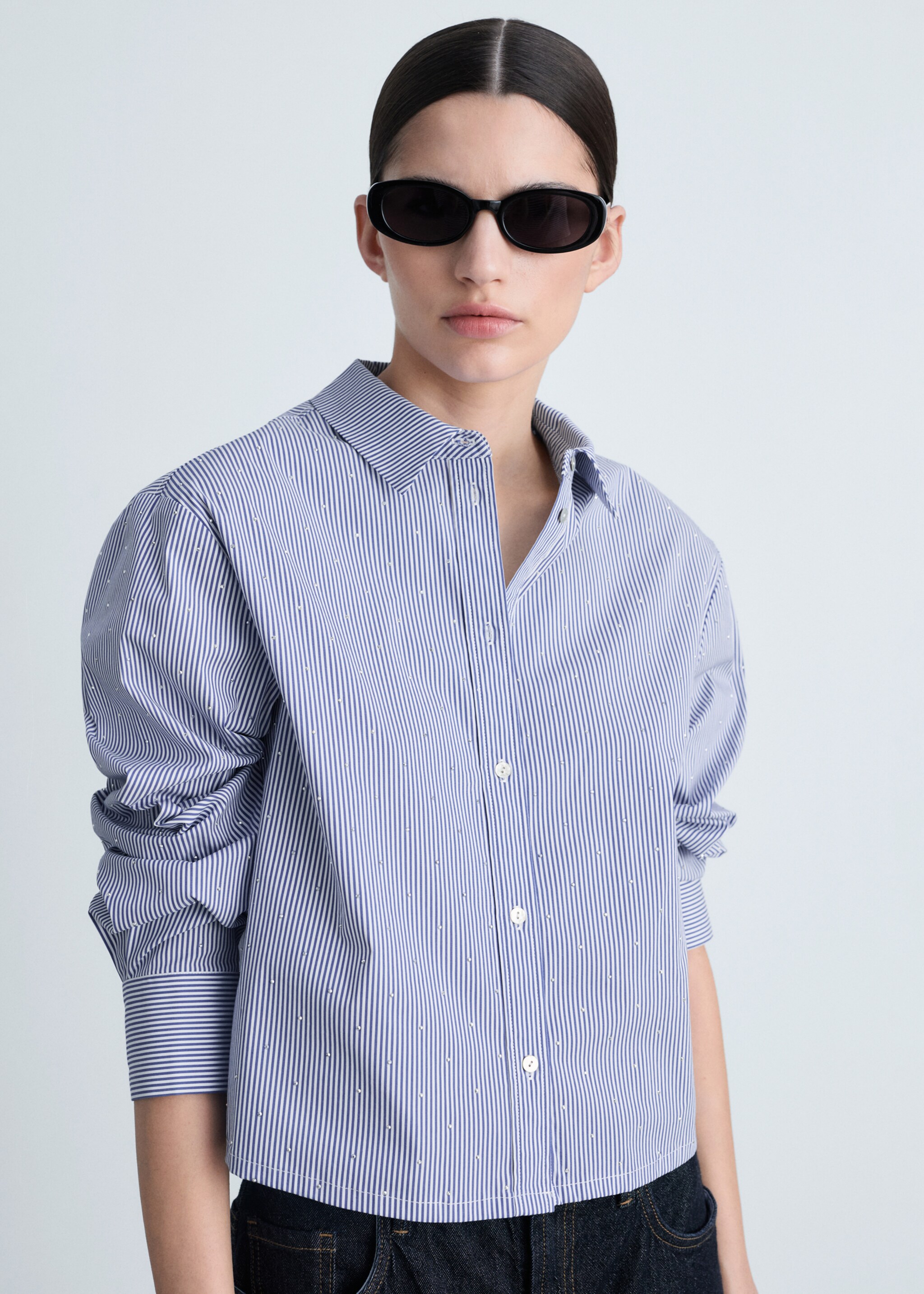 Striped shirt with rhinestone detail - Medium plane, Sky Blue. Ref: 87035748-00.