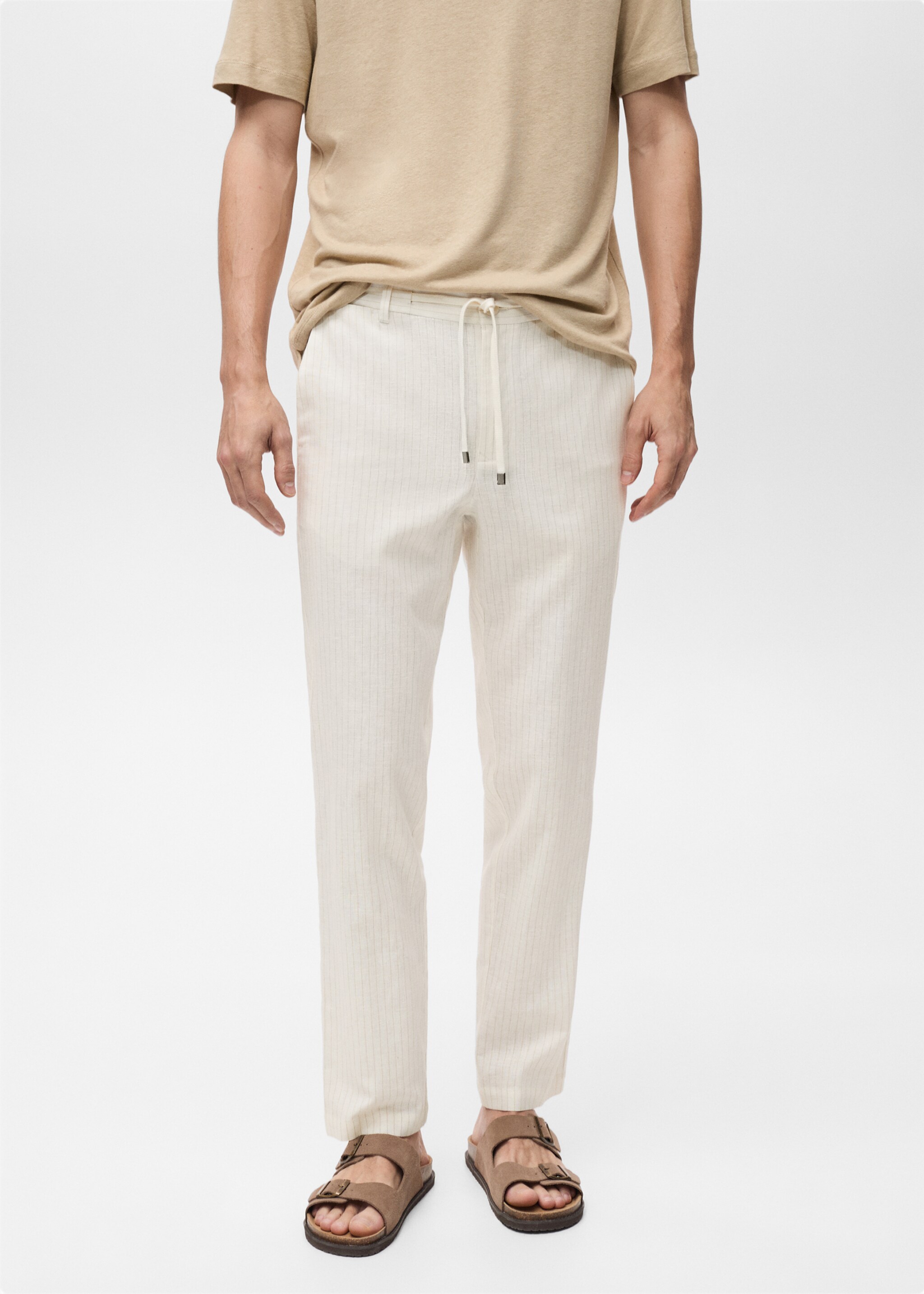 Pantalón lino raya diplomática - Plano medio, Blanco marfil. Ref: 87035919-00.