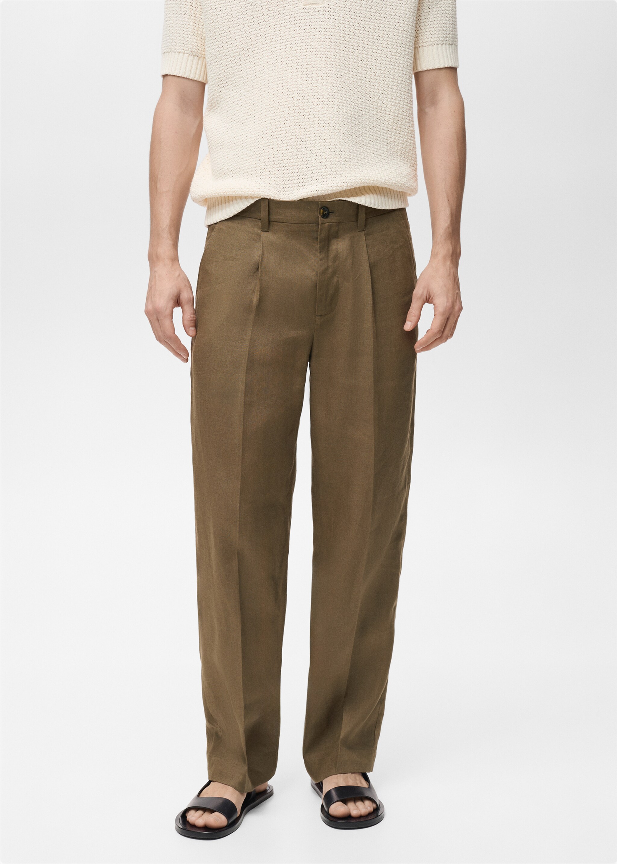 100% linen pleated trousers - Medium plane, Medium Green. Ref: 87035920-00.