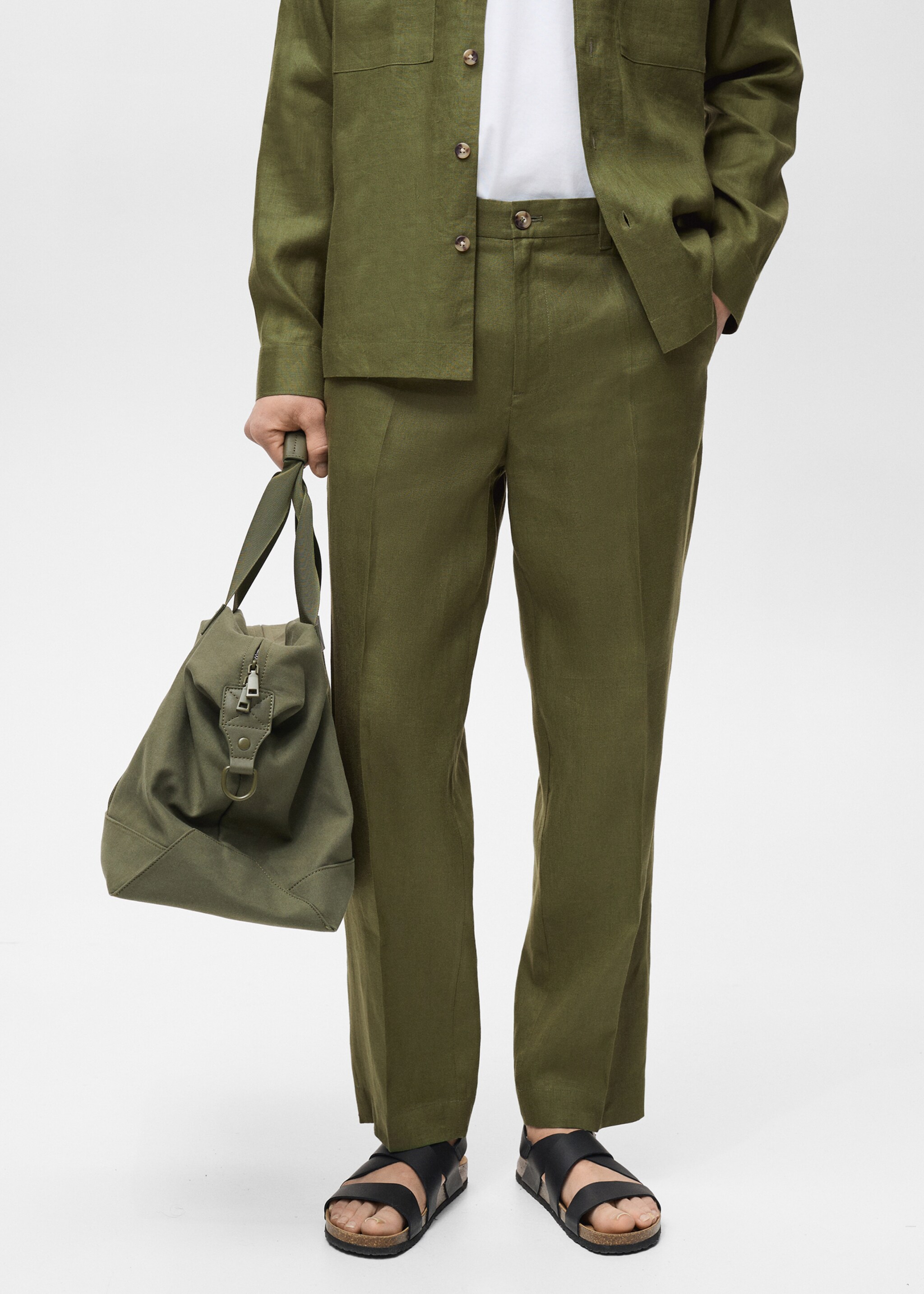 100% linen regular-fit trousers - Medium plane, Green. Ref: 87035921-00.