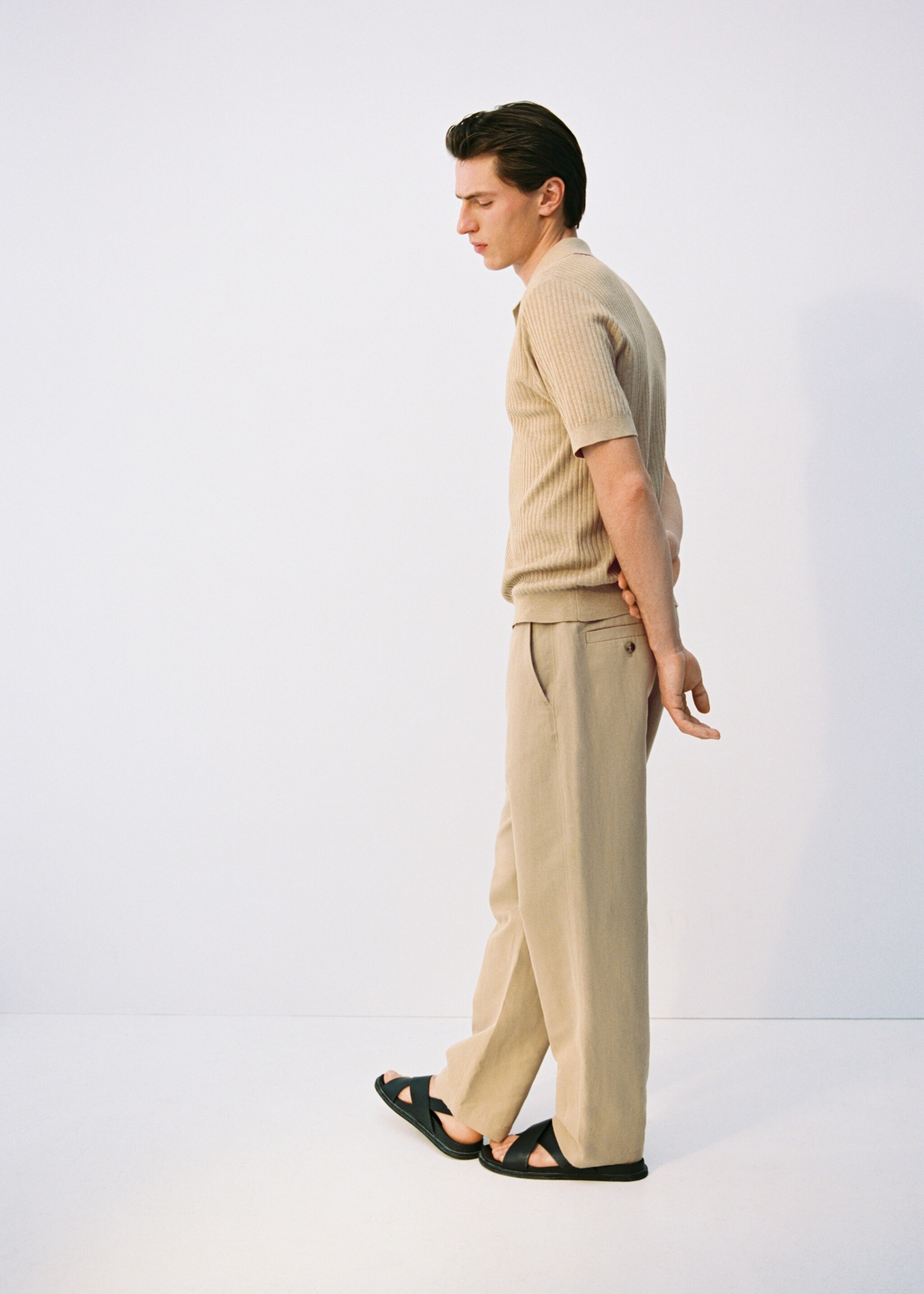 Rib-knit cotton-blend polo shirt - Details of the article 5, Beige. Ref: 87035935-00.