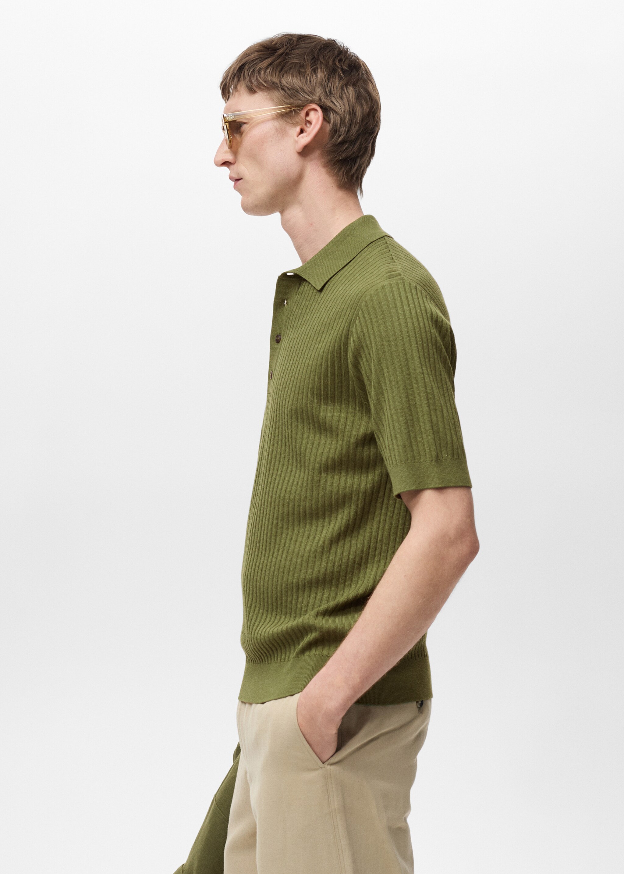 Rib-knit cotton-blend polo shirt - Details of the article 2, Green. Ref: 87035935-00.