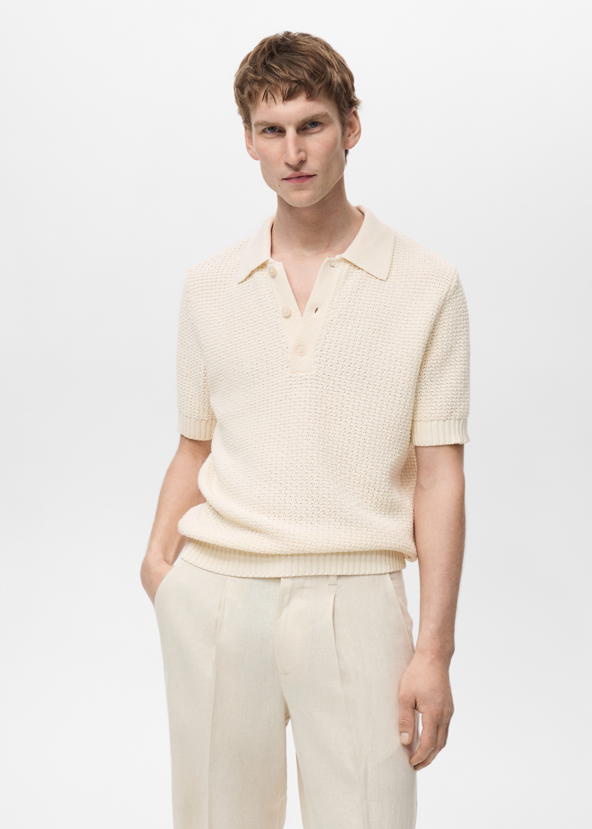 Openwork cotton knitte polo shirt - Medium plane, Ivory White. Ref: 87035936-00.