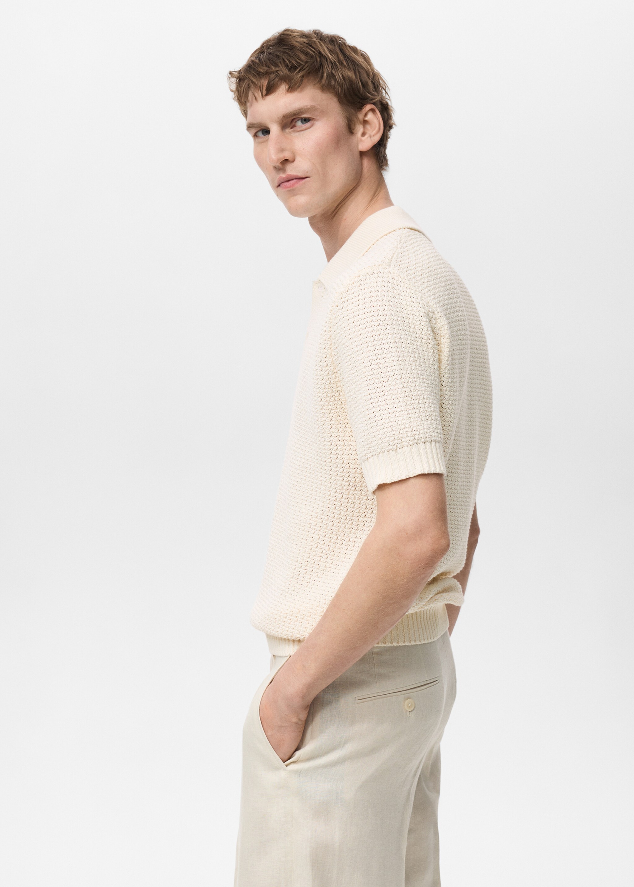 Openwork cotton knitte polo shirt - Details of the article 2, Ivory White. Ref: 87035936-00.