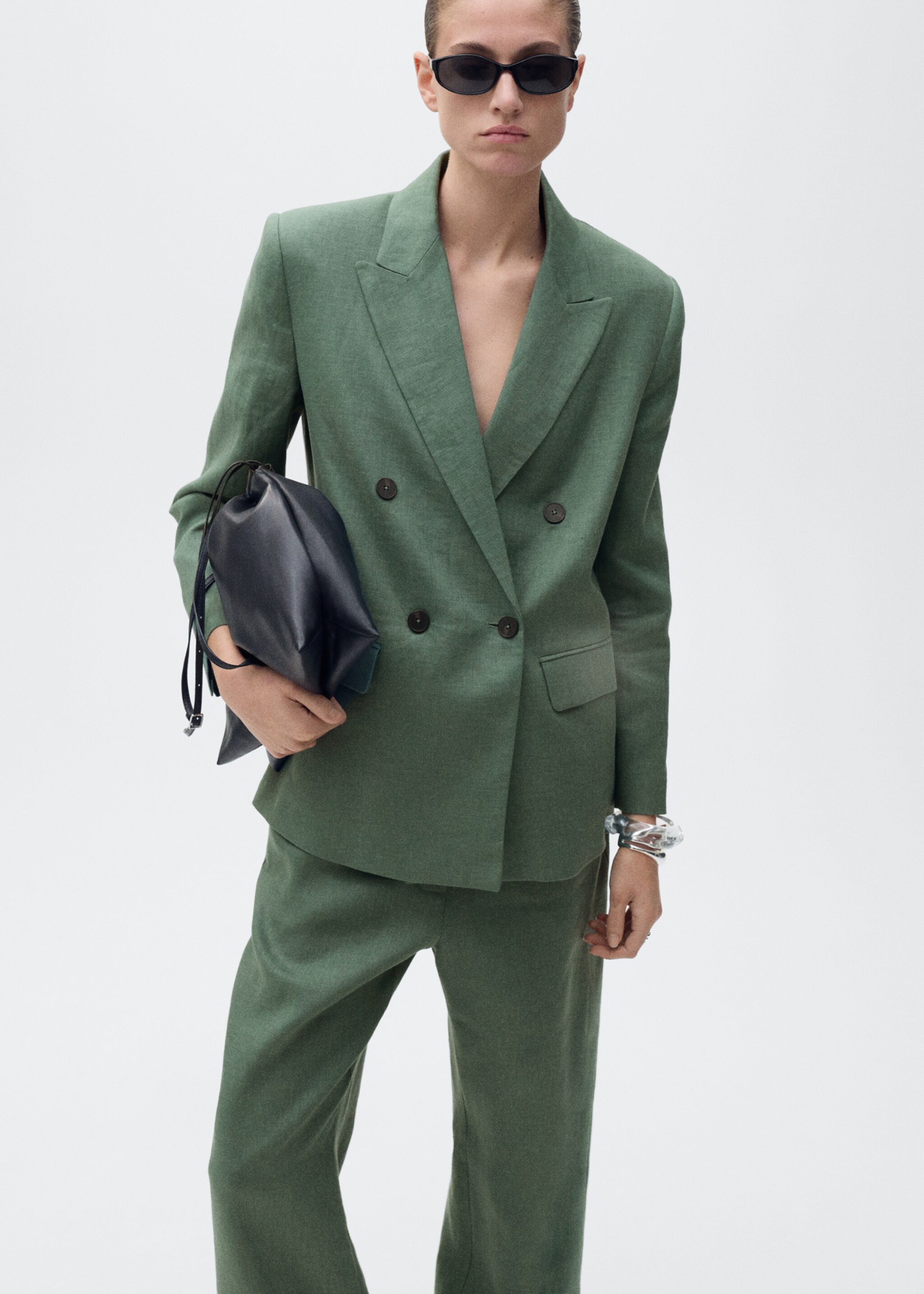 Straight linen-blend trousers - Details of the article 1, Forest Green. Ref: 87036712-00.