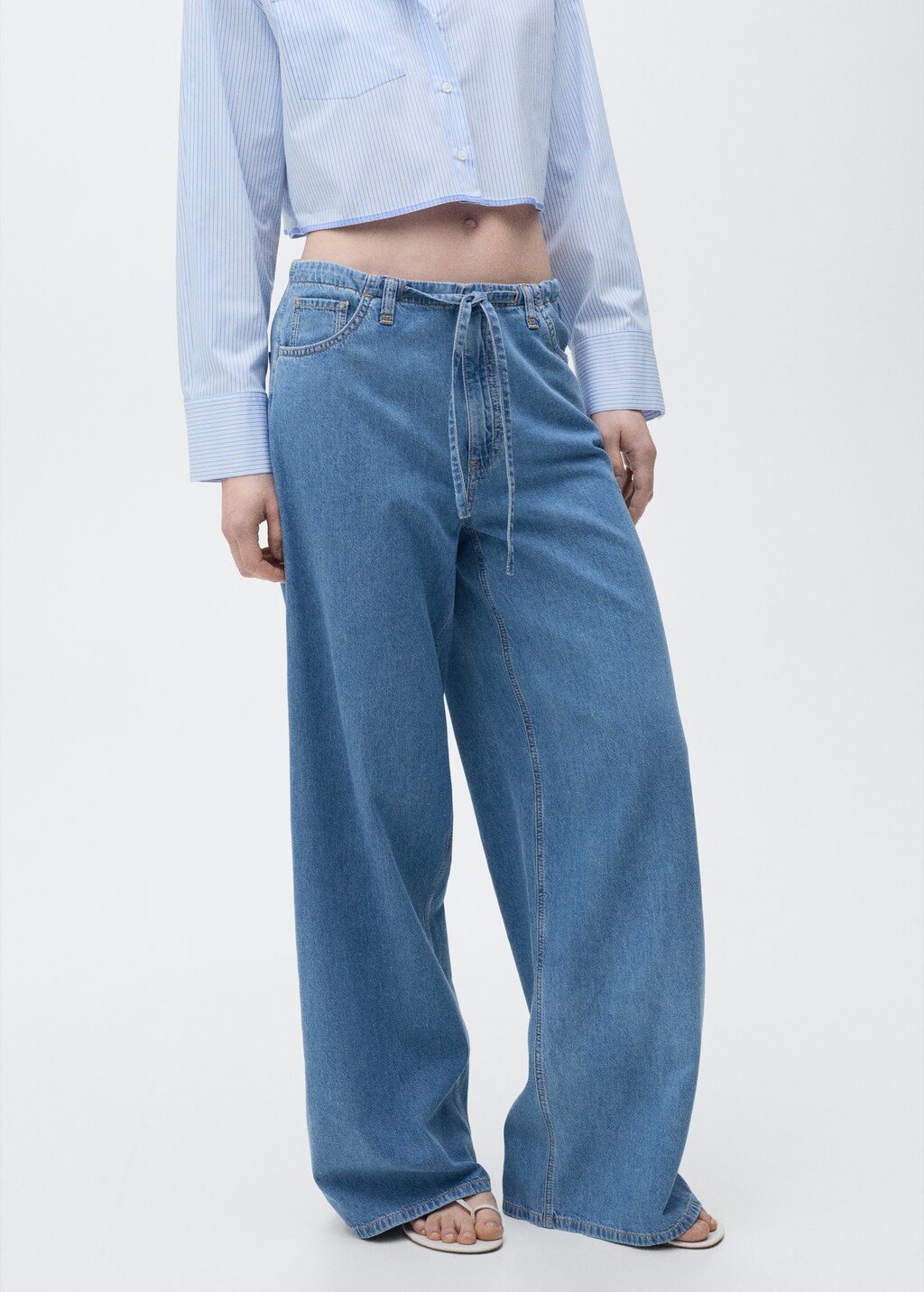 Wide leg denim trousers with belt - Women | MANGO OUTLET USA