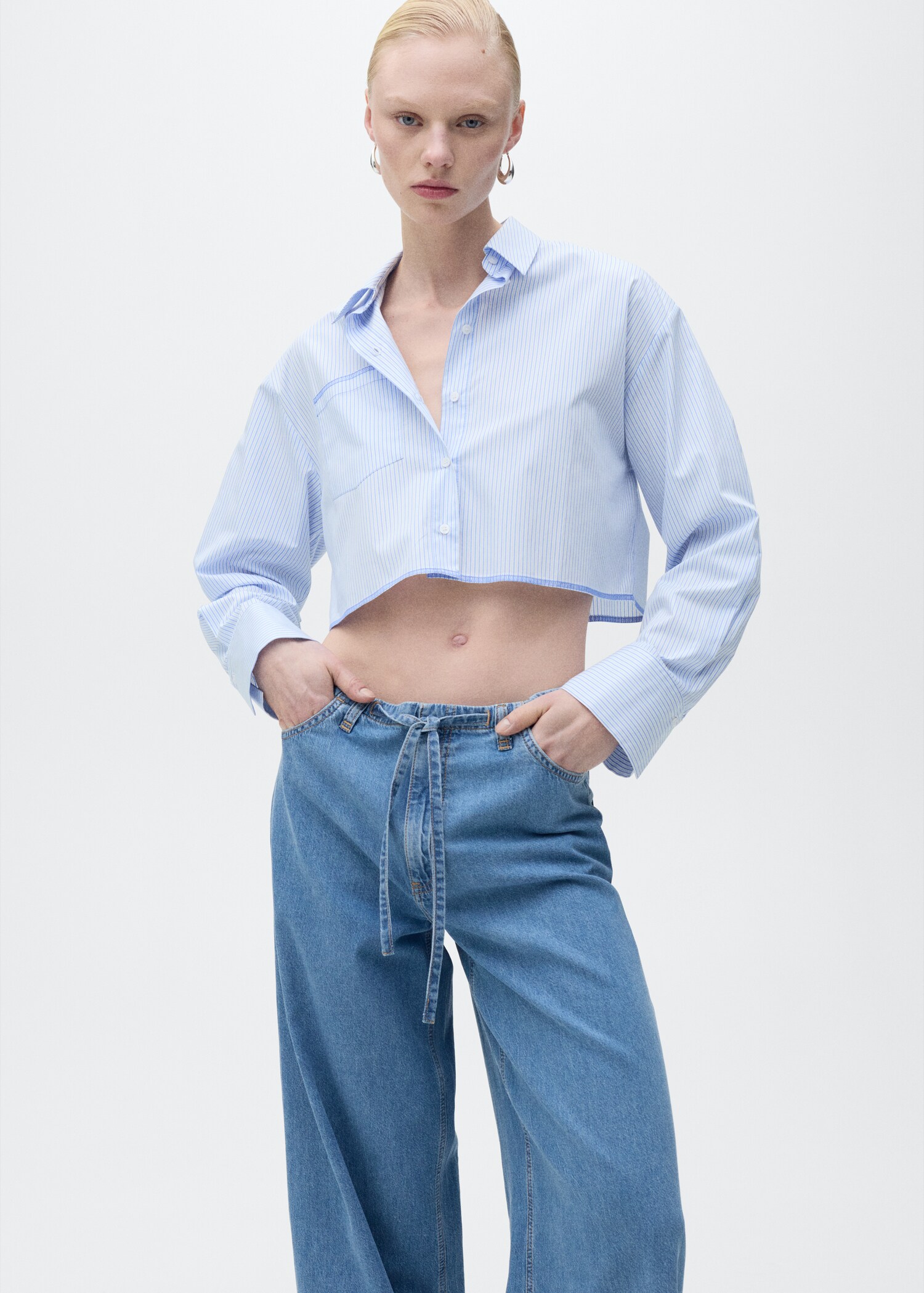 Wide-leg denim trousers with belt - Details of the article 1