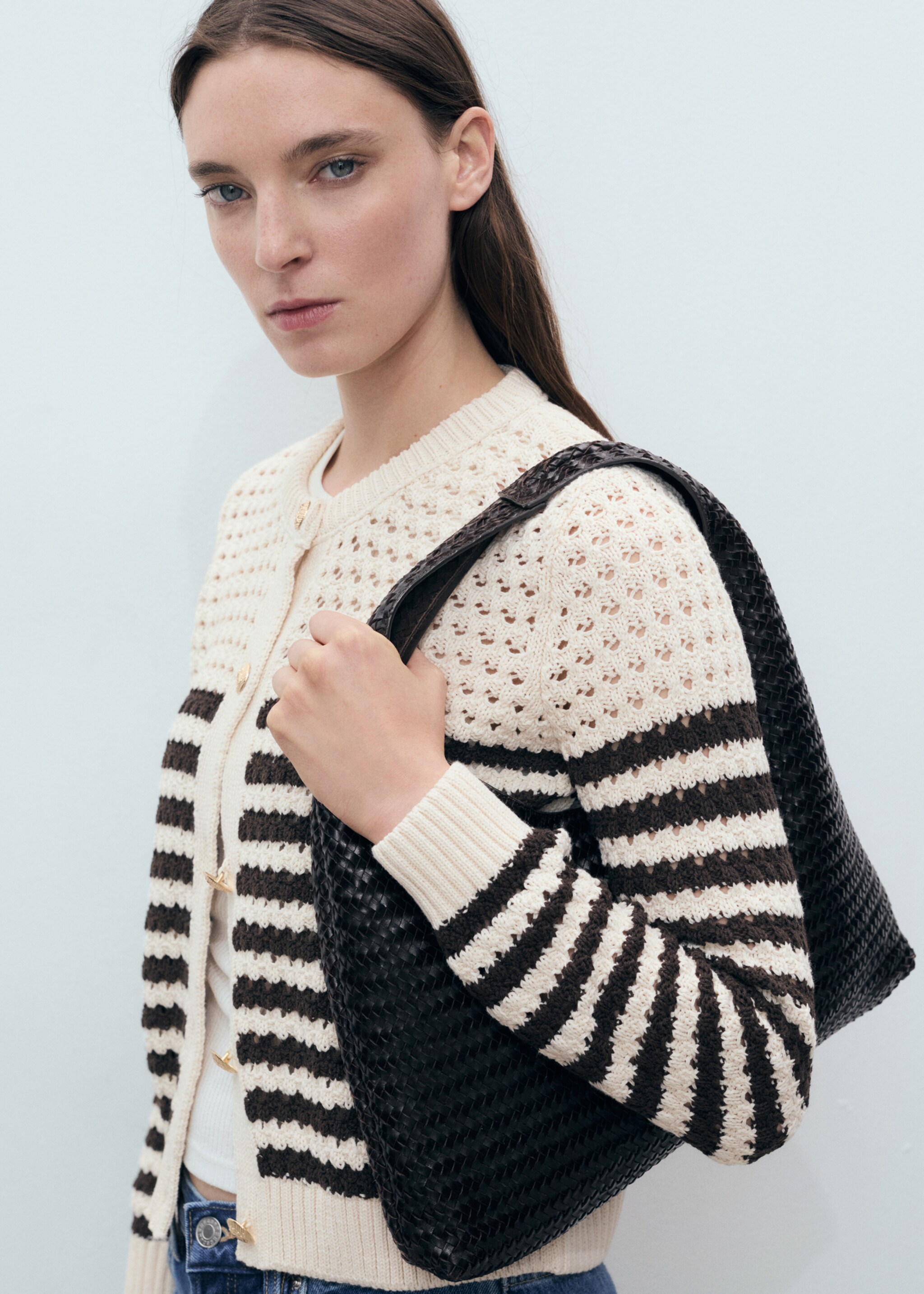 Striped openwork knitted cardigan - Medium plane, Brown. Ref: 87037191-00.