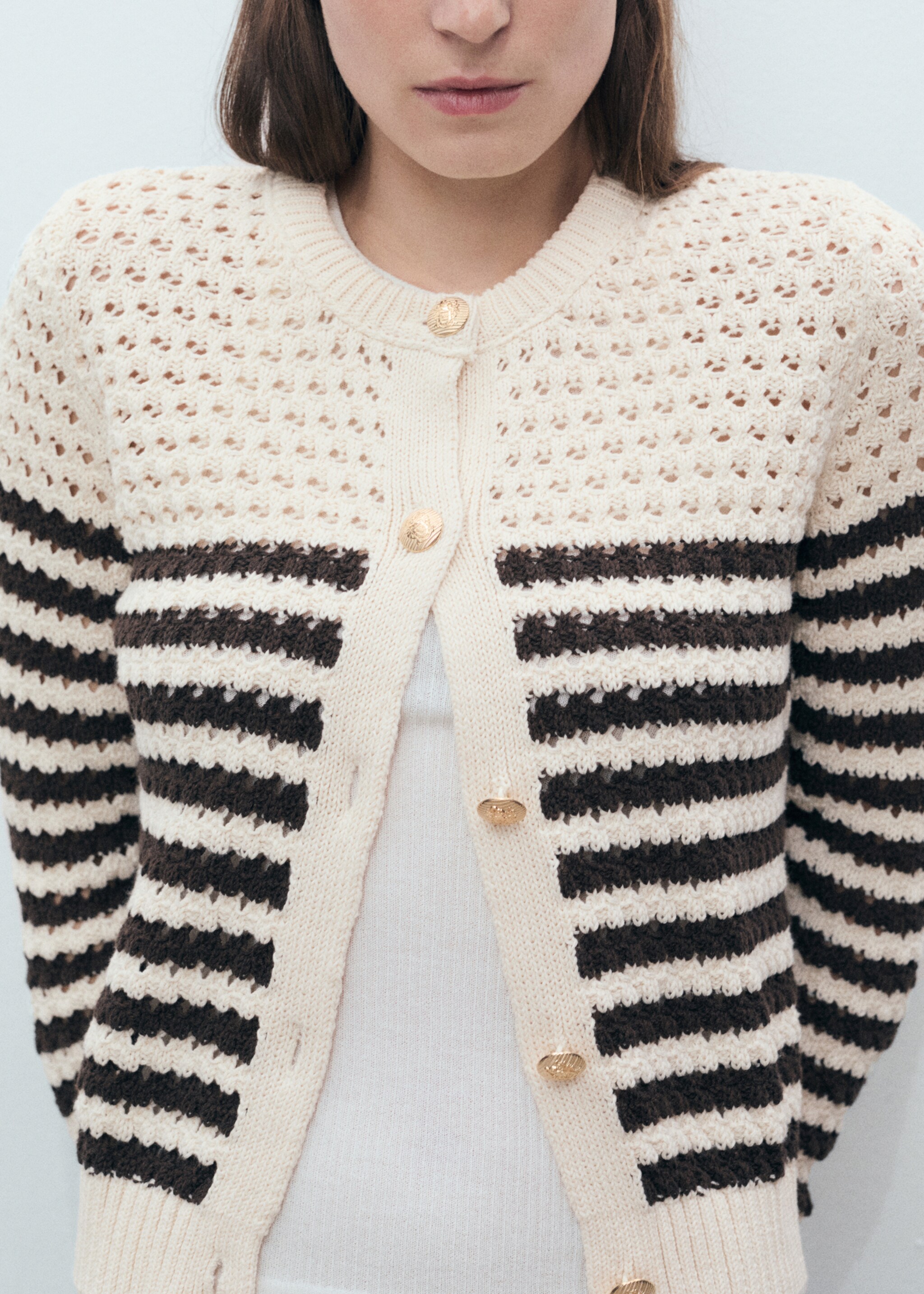 Striped openwork knitted cardigan - Details of the article 2, Brown. Ref: 87037191-00.