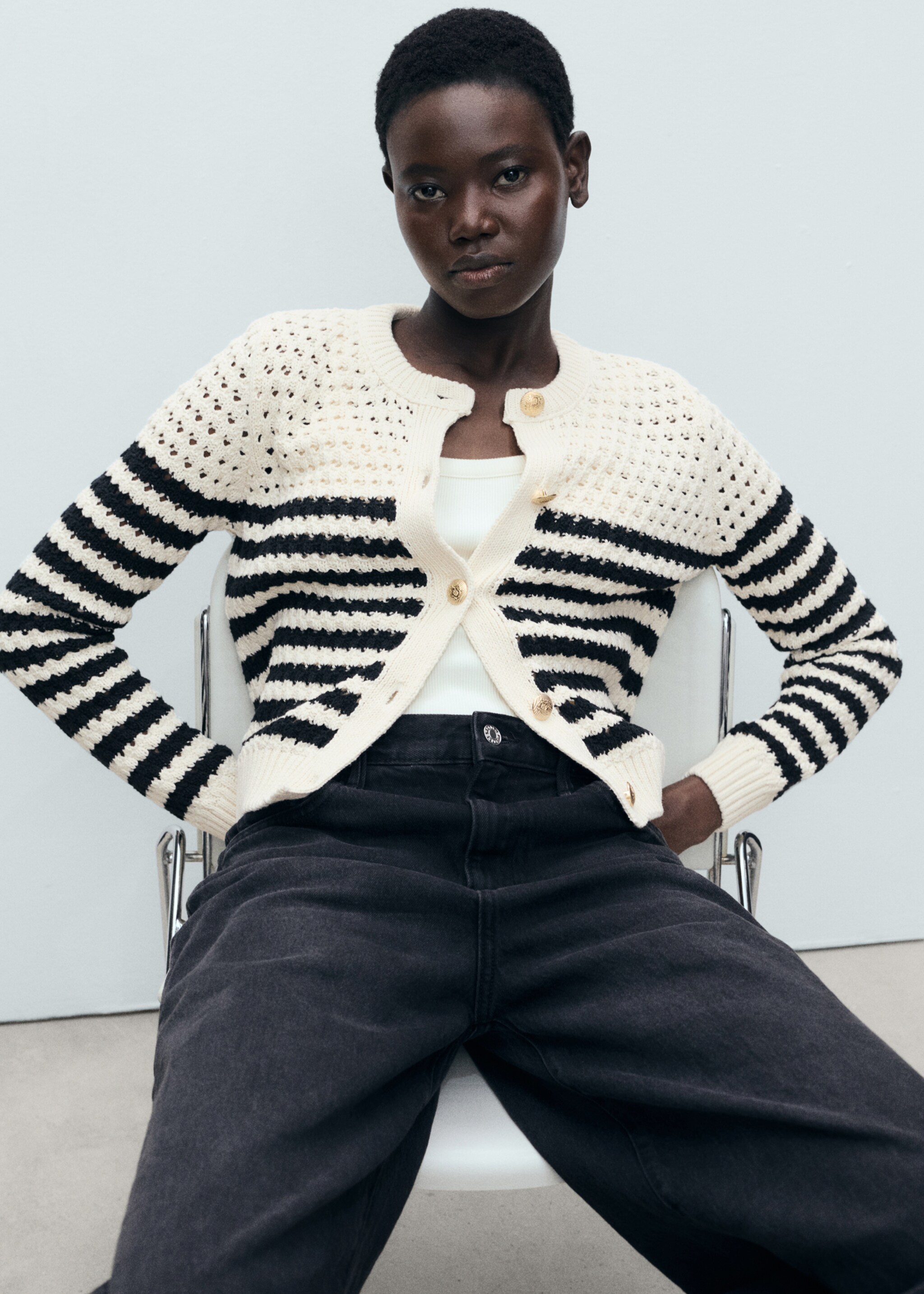 Striped openwork knitted cardigan - Details of the article 2, Navy. Ref: 87037191-00.