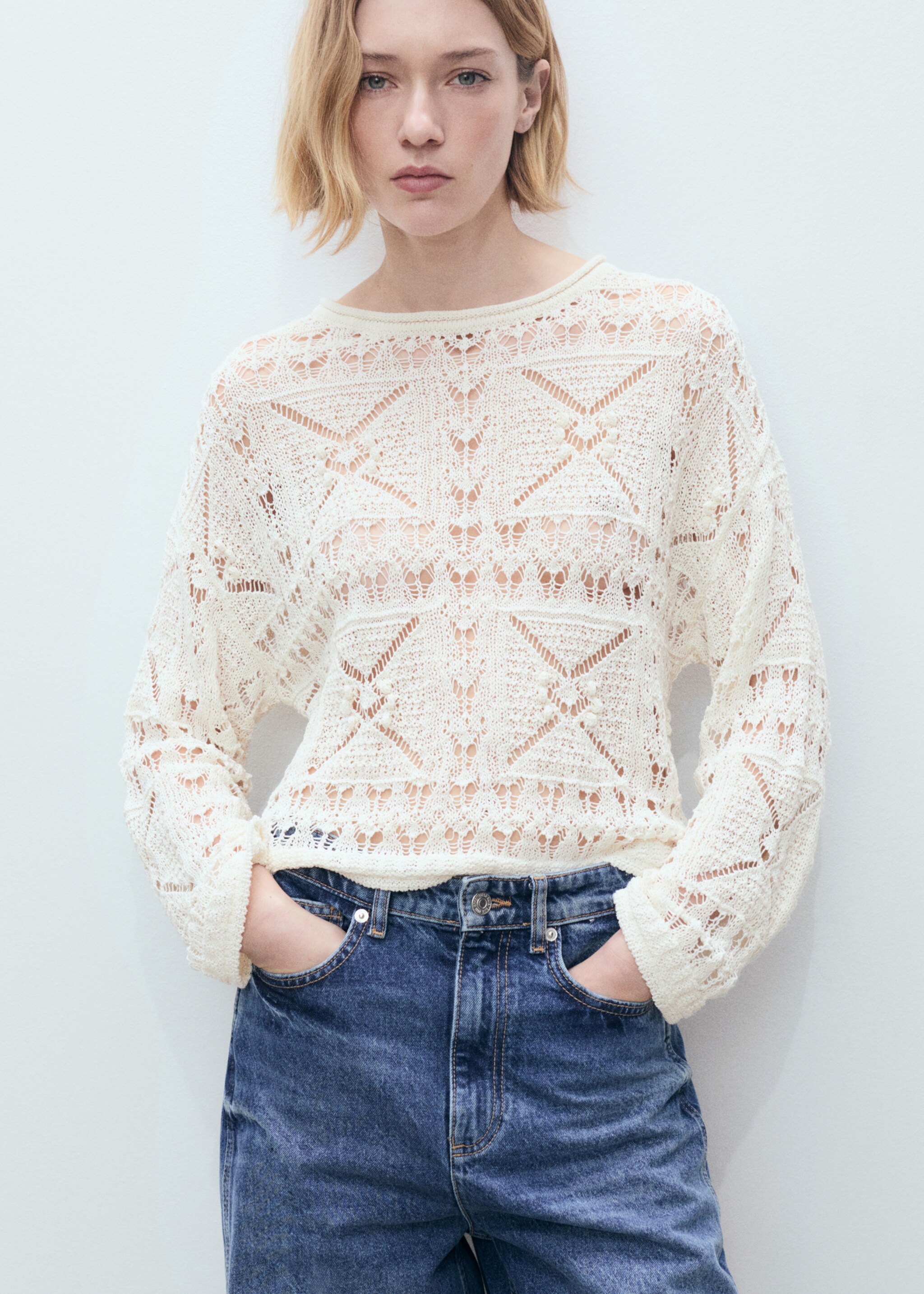 Oversized openwork knitted sweater - Medium plane, Ecru. Ref: 87037192-00.