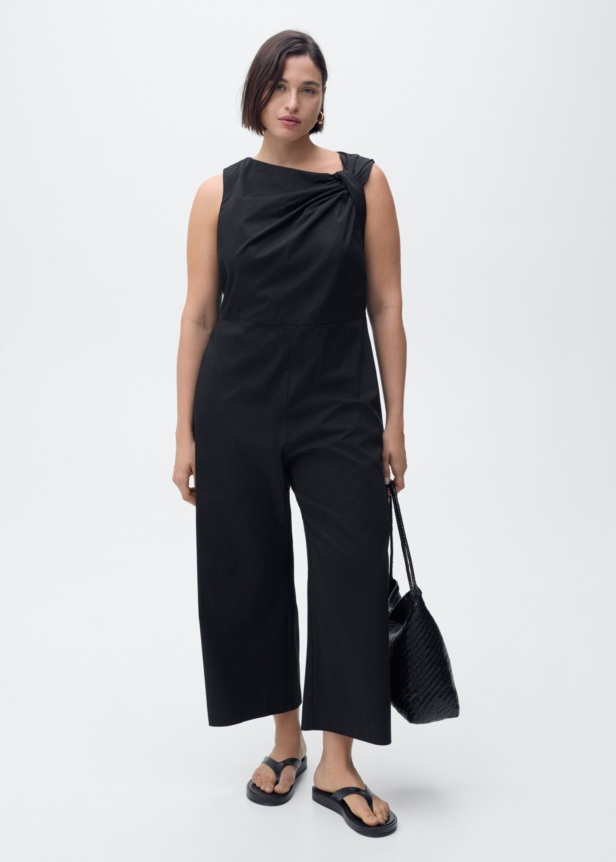 Long culotte jumpsuit with draped neck - Details of the article 3, Black. Ref: 87037195-00.
