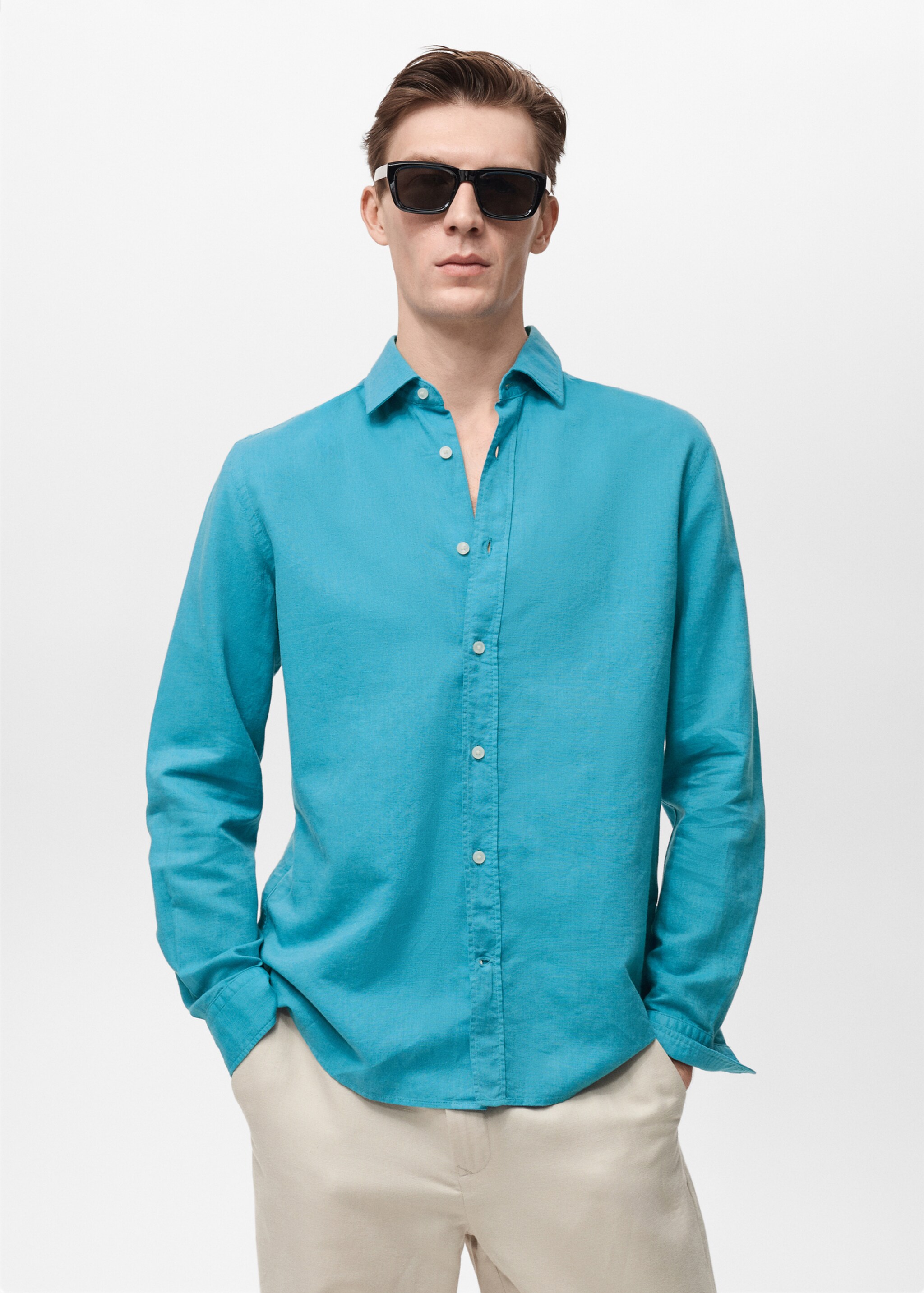 Linen-blend shirt - Medium plane, Turquoise. Ref: 87037891-00.