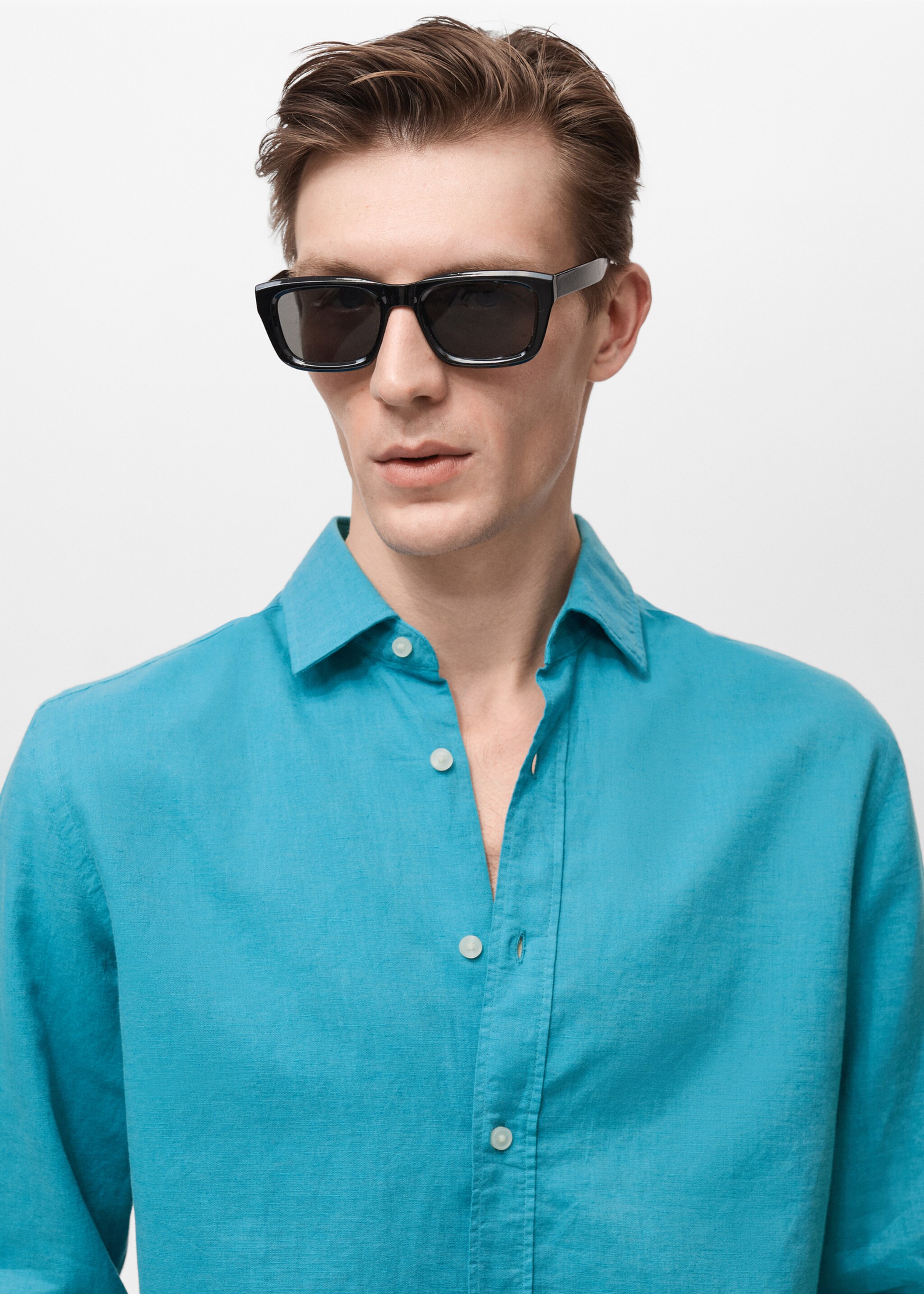 Linen-blend shirt - Details of the article 1, Turquoise. Ref: 87037891-00.