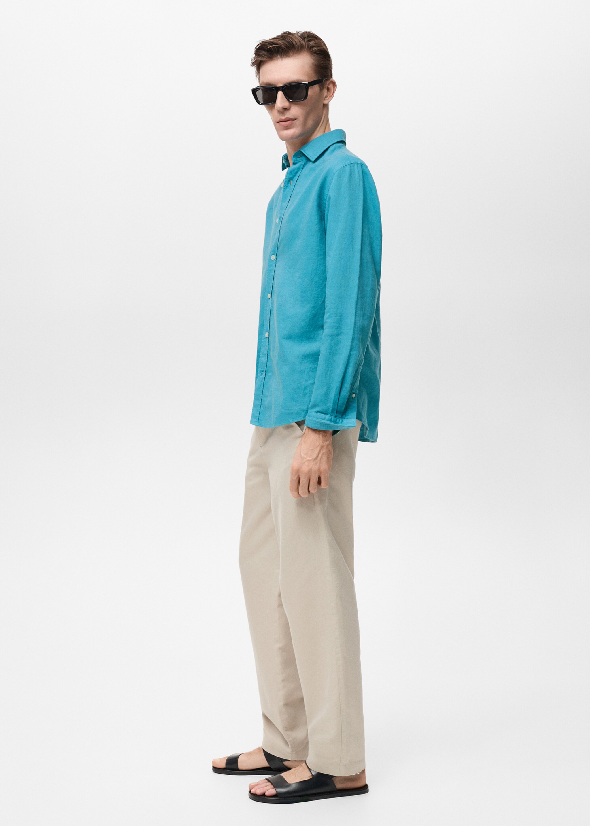 Linen-blend shirt - Details of the article 2, Turquoise. Ref: 87037891-00.